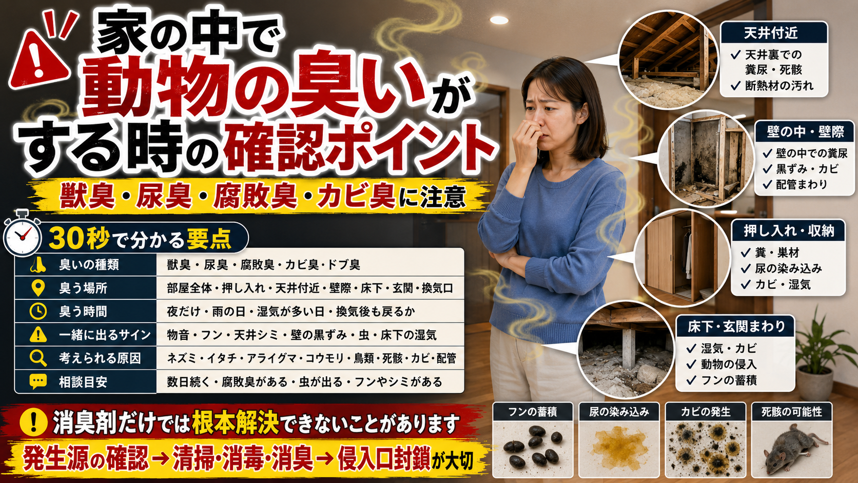 家の中で動物の臭いがする時の確認ポイントとして、獣臭・尿臭・腐敗臭・カビ臭の原因や臭う場所、フン・シミ・虫などのサインを解説した画像