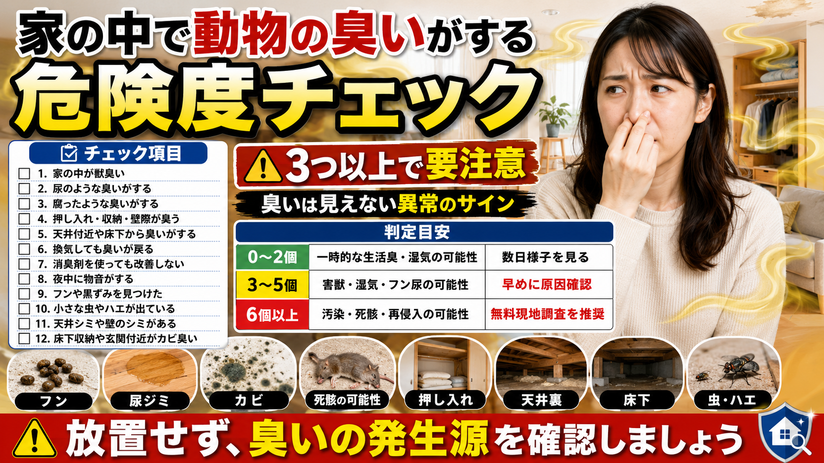 家の中で動物の臭いがする危険度チェックとして、獣臭・尿臭・腐敗臭やフン、カビ、死骸、虫の有無を確認し判定目安を示した画像