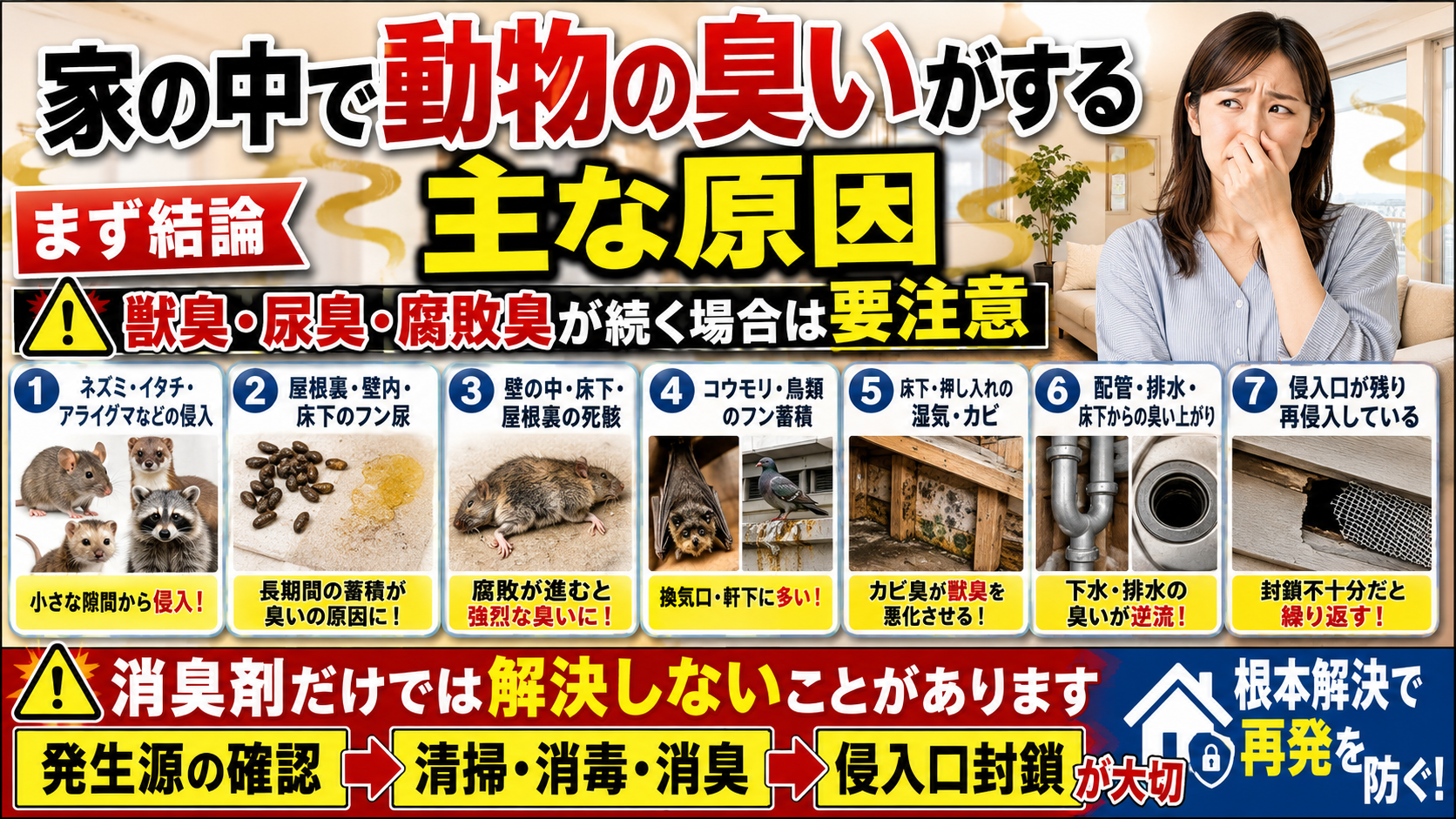 家の中で動物の臭いがする主な7つの原因として、侵入害獣、フン尿、死骸、コウモリや鳥のフン、湿気やカビ、配管臭、再侵入と対策を解説した画像