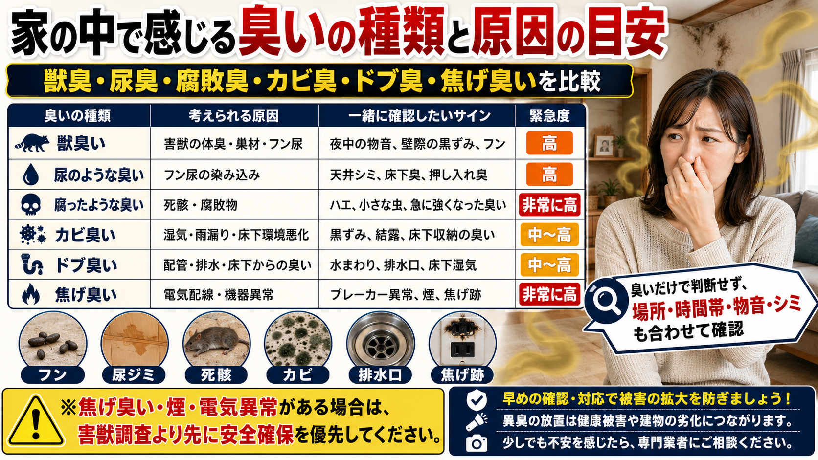 家の中で感じる臭いの種類と原因の目安を比較し、獣臭・尿臭・腐敗臭・カビ臭・ドブ臭・焦げ臭いの原因や確認サイン、緊急度を示した画像