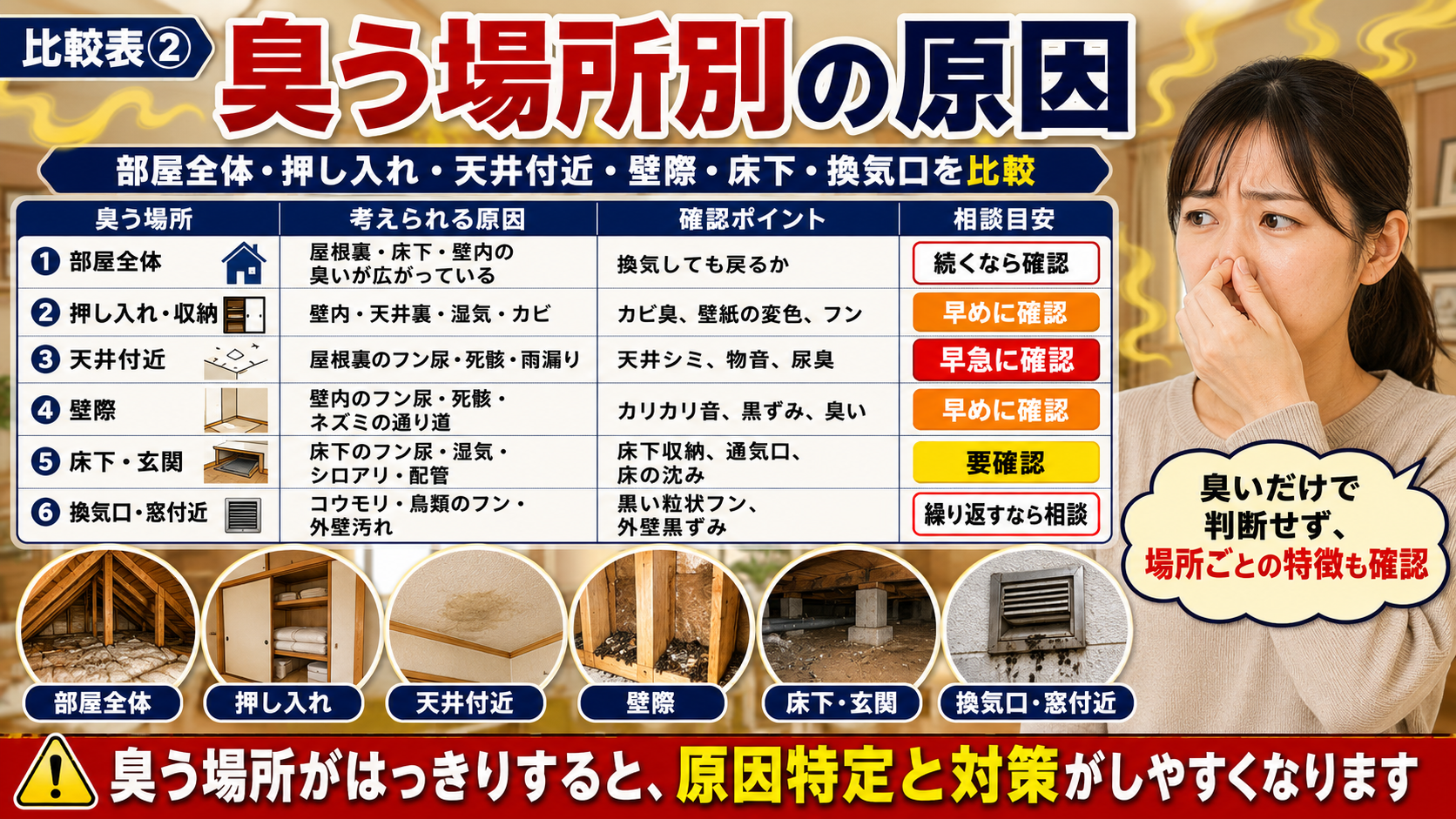 家の中の動物臭について、部屋全体・押し入れ・天井付近・壁際・床下・換気口など臭う場所別の原因と確認ポイントを比較した画像