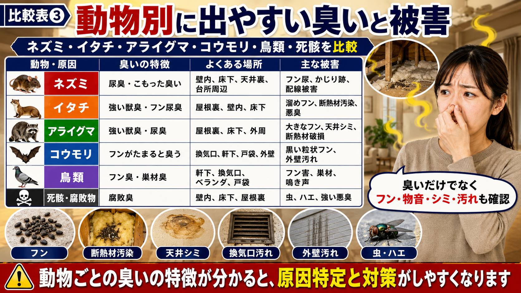 動物別に出やすい臭いと被害を比較し、ネズミ・イタチ・アライグマ・コウモリ・鳥類・死骸の臭いの特徴や発生場所、主な被害を示した画像