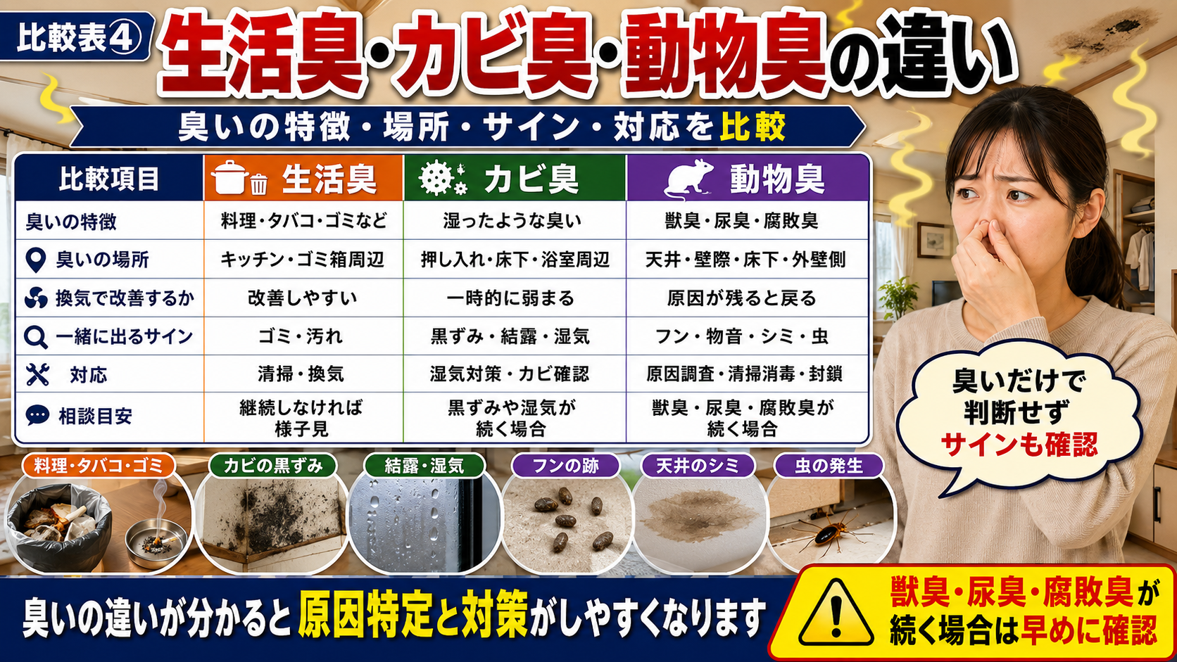 生活臭・カビ臭・動物臭の違いを比較し、臭いの特徴や場所、換気での改善、フン・物音・シミなどのサインと対応目安を解説した画像