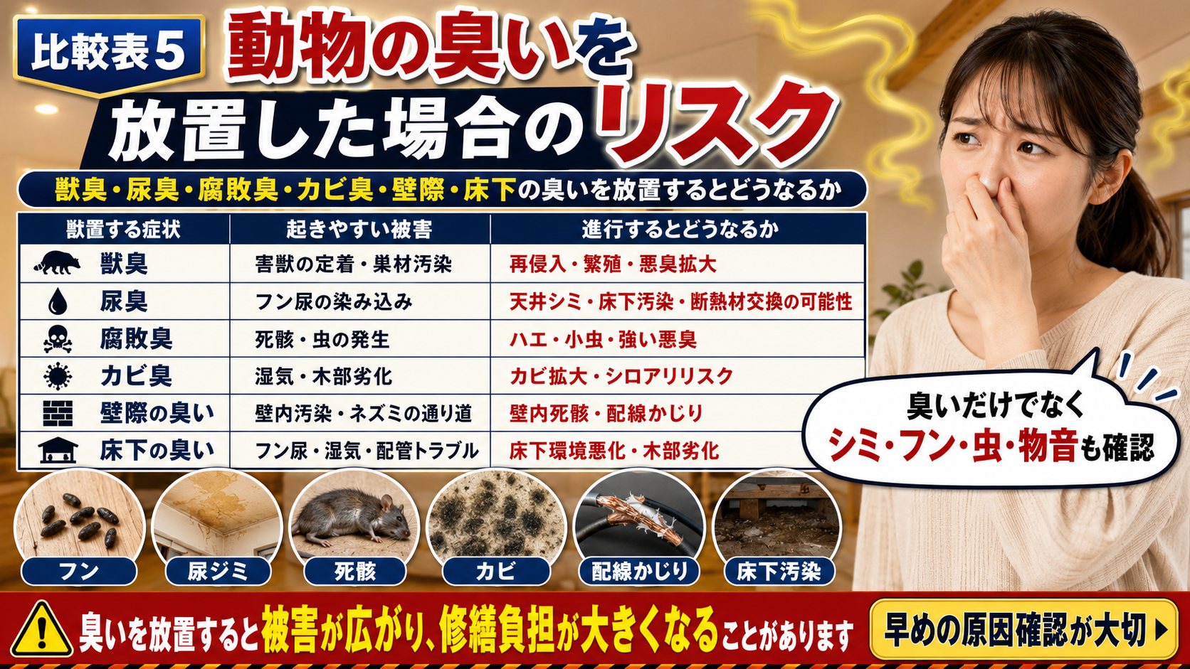 動物の臭いを放置した場合のリスクとして、獣臭・尿臭・腐敗臭・カビ臭や壁際・床下の臭いによる被害と早期確認の重要性を示した画像