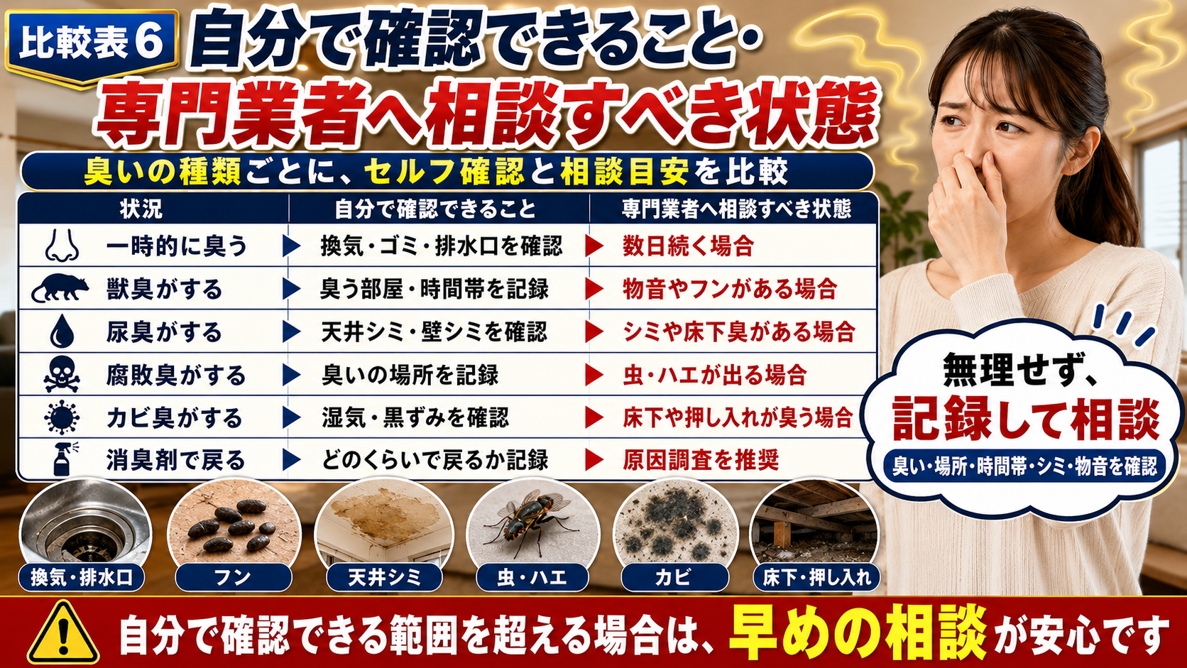 動物臭の状況別に、自分で確認できることと専門業者へ相談すべき状態を比較し、獣臭・尿臭・腐敗臭・カビ臭の相談目安を示した画像