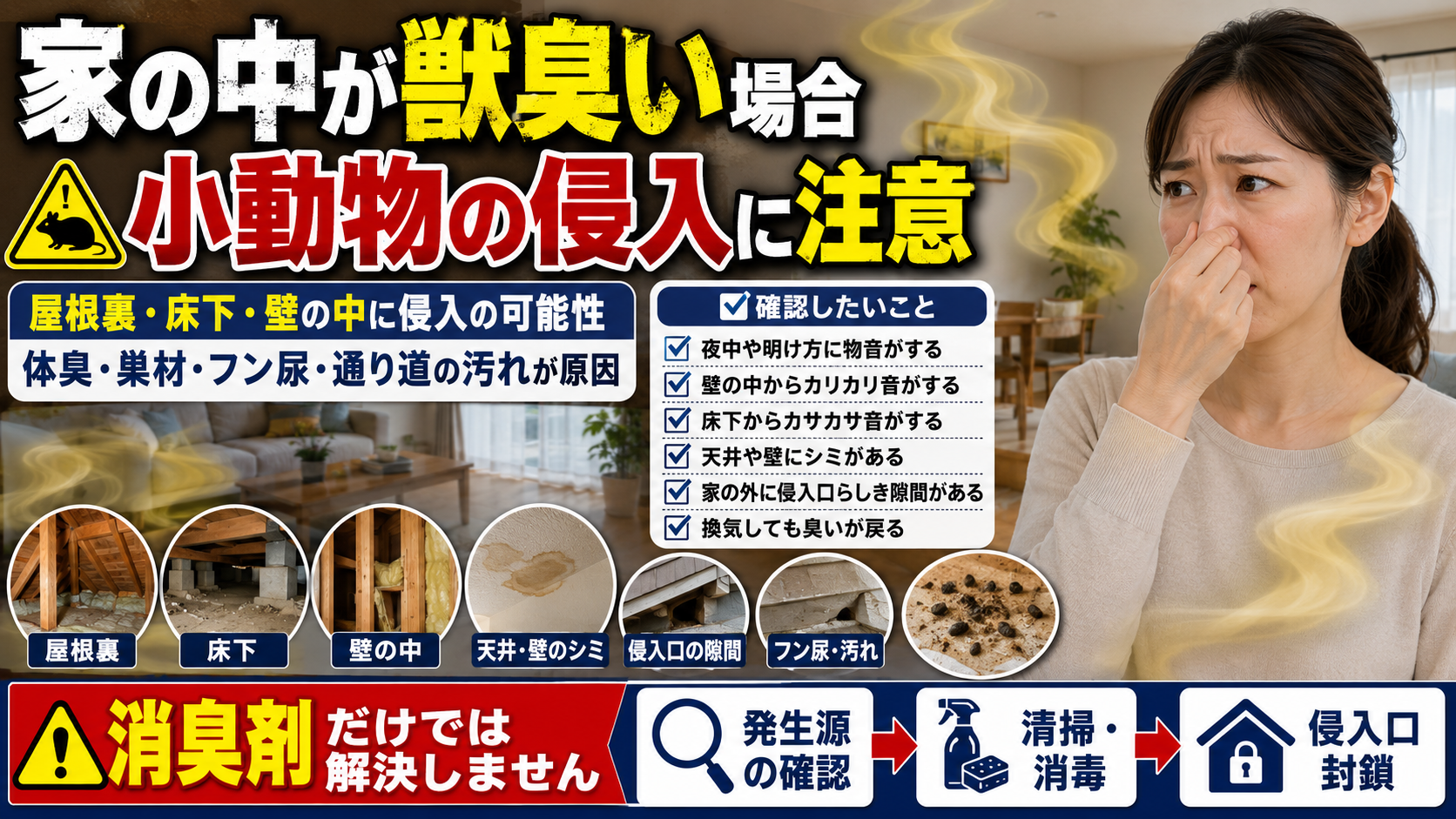 家の中が獣臭い場合に、屋根裏・床下・壁内への小動物侵入やフン尿汚れ、シミ、侵入口確認と清掃・消毒・封鎖を解説した画像