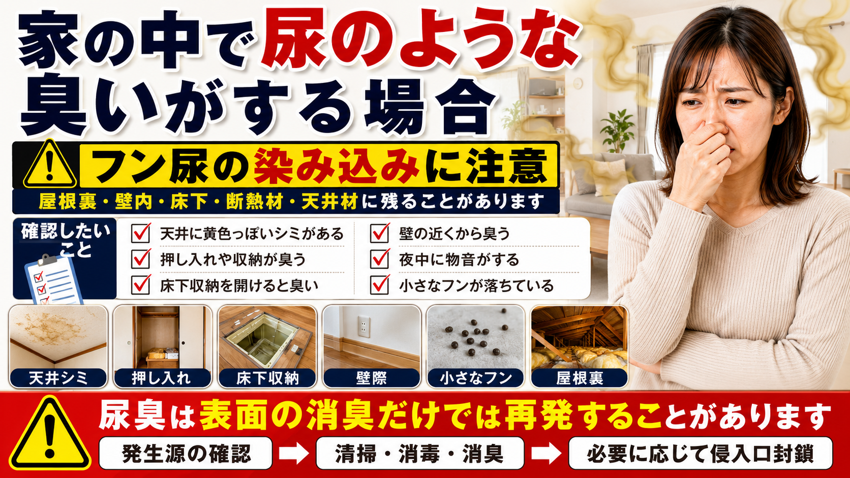 家の中で尿のような臭いがする場合に、害獣のフン尿が屋根裏・壁内・床下・断熱材・天井材へ染み込む原因や確認ポイントを解説した画像