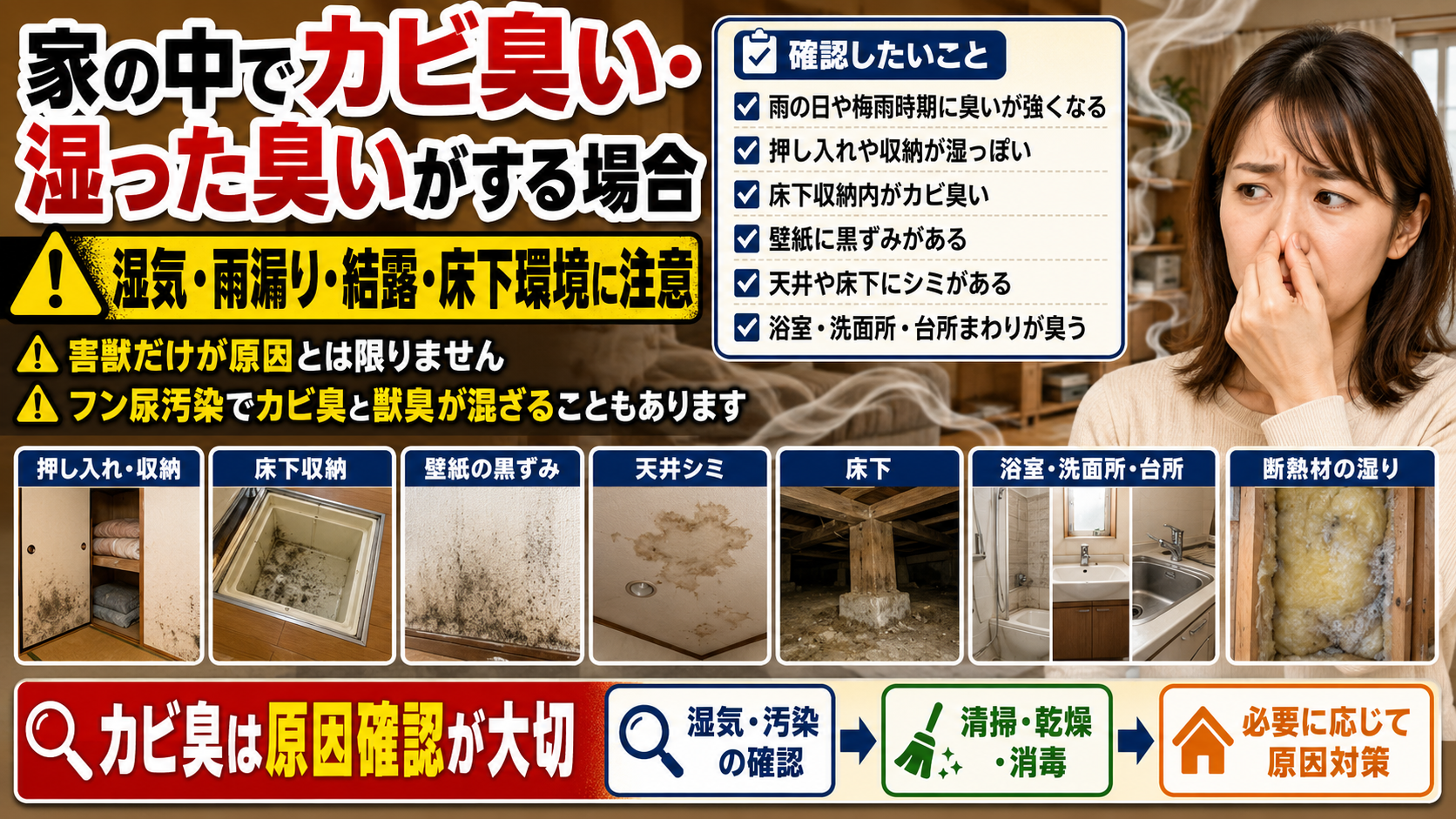 家の中でカビ臭い・湿った臭いがする場合に、雨漏り・結露・床下湿気・押し入れのカビ・断熱材の湿りや害獣のフン尿汚染を確認する画像