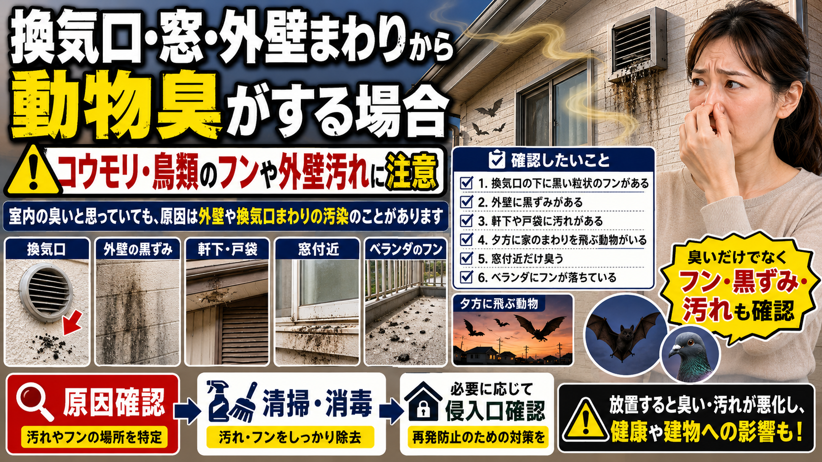 換気口・窓・外壁まわりから動物臭がする場合に、コウモリや鳥類のフン、外壁の黒ずみ、軒下や戸袋の汚れ、ベランダのフンなどの確認ポイントを解説した画像