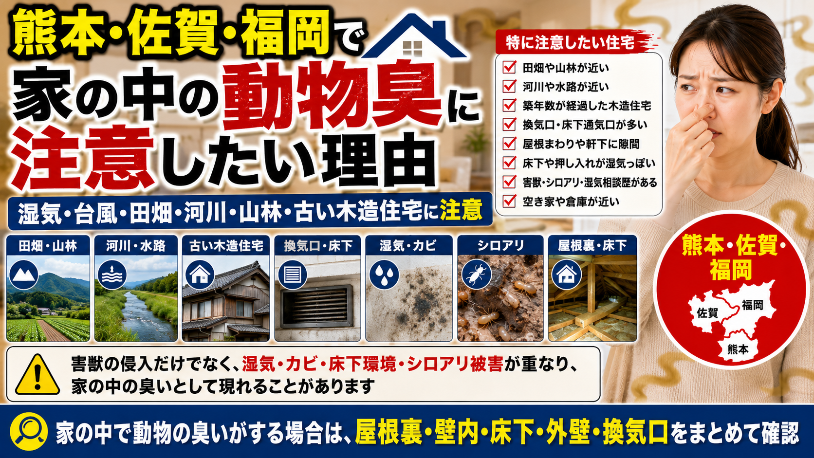 熊本・佐賀・福岡で家の中の動物臭に注意したい理由として、湿気・台風・田畑や河川、山林、古い木造住宅、屋根裏・壁内・床下・外壁・換気口の確認ポイントを解説した画像