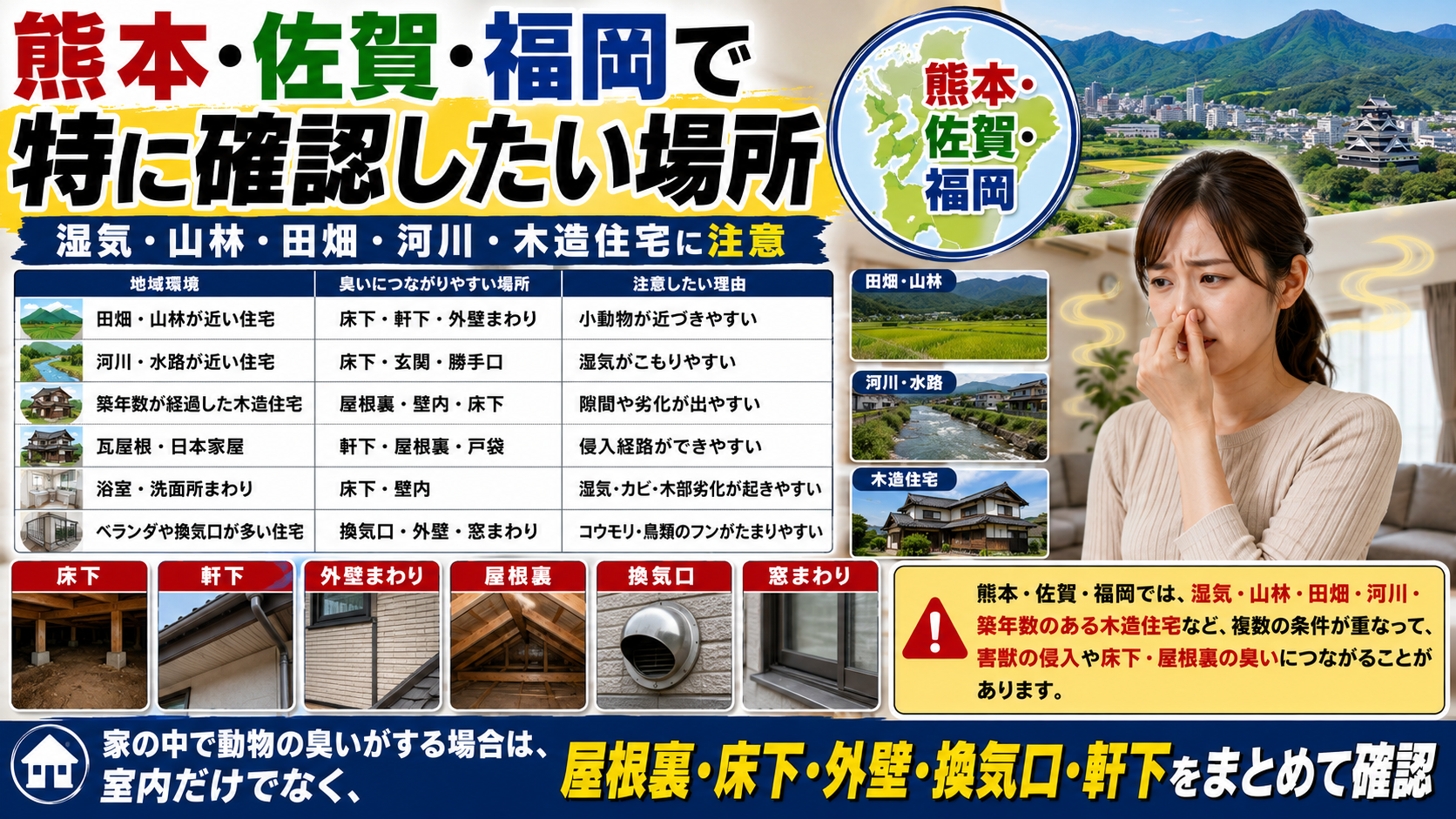 熊本・佐賀・福岡で家の中の動物臭に注意したい場所として、田畑・山林・河川近くの住宅や古い木造住宅、床下・屋根裏・外壁・換気口・軒下の確認ポイントを解説した画像