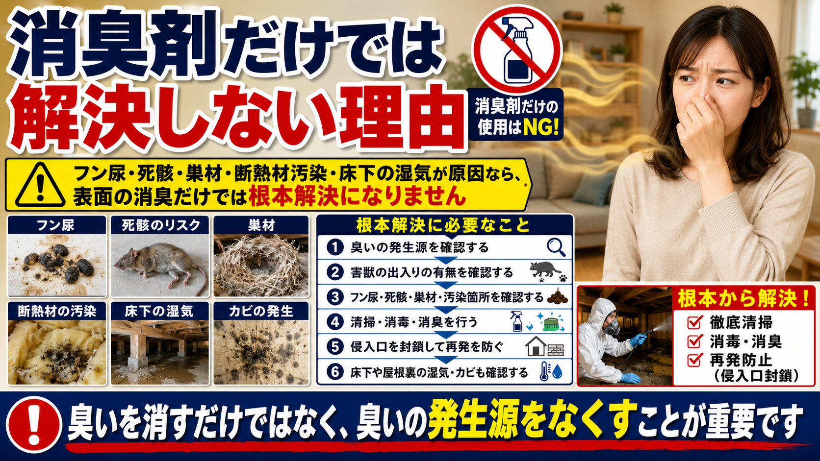 家の中で動物の臭いがする原因における消臭剤だけでは解決しない理由の解説図