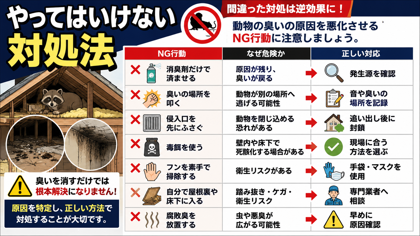 動物臭へのやってはいけない対処法として、消臭剤だけの使用、侵入口の先封鎖、毒餌、素手掃除、屋根裏・床下に入るリスクと正しい対応を解説した画像