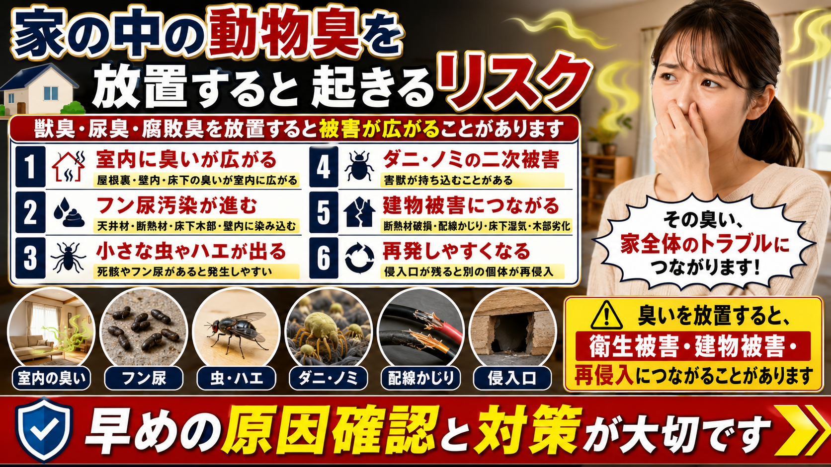 家の中の動物臭を放置した場合に、室内への臭い拡大、フン尿汚染、虫やハエ、ダニ・ノミ、建物被害、再侵入のリスクを解説した画像