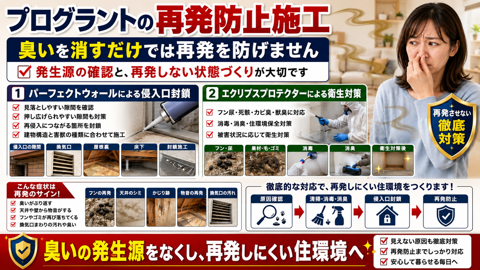 家の中の動物臭対策として、プログラントのパーフェクトウォールによる侵入口封鎖とエクリプスプロテクターによる清掃・消毒・消臭の再発防止施工を解説した画像