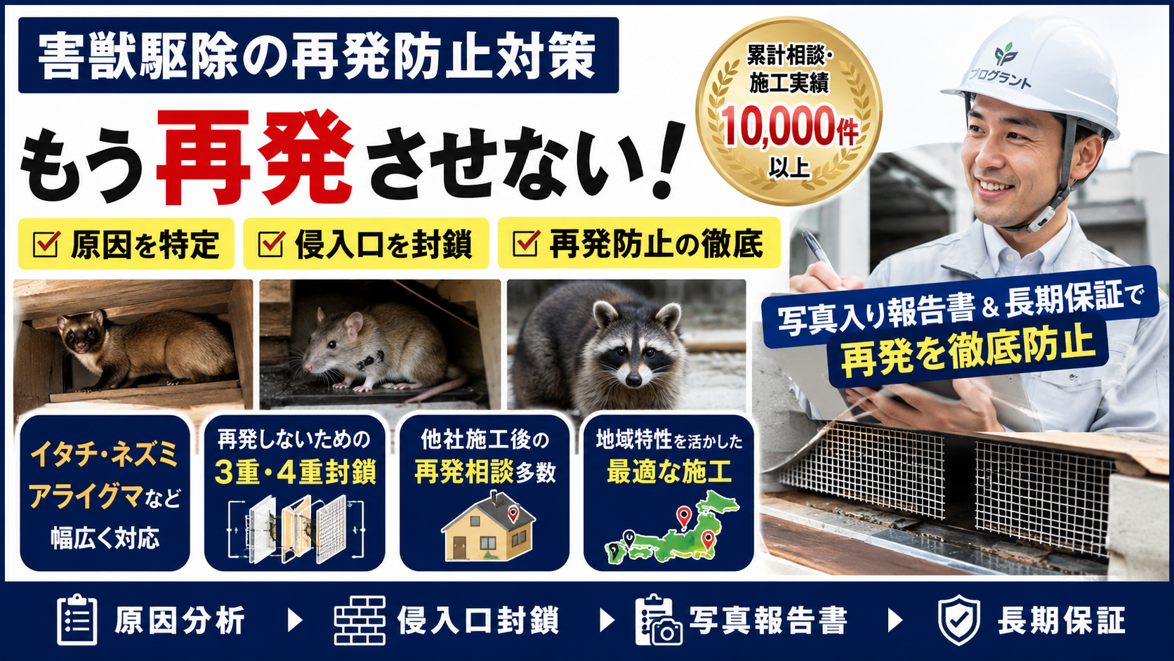 害獣駆除の再発防止で重要な3重4重の侵入口封鎖・パーフェクトウォール施工・写真報告書・保証内容を解説したプログラントのサムネイル画像