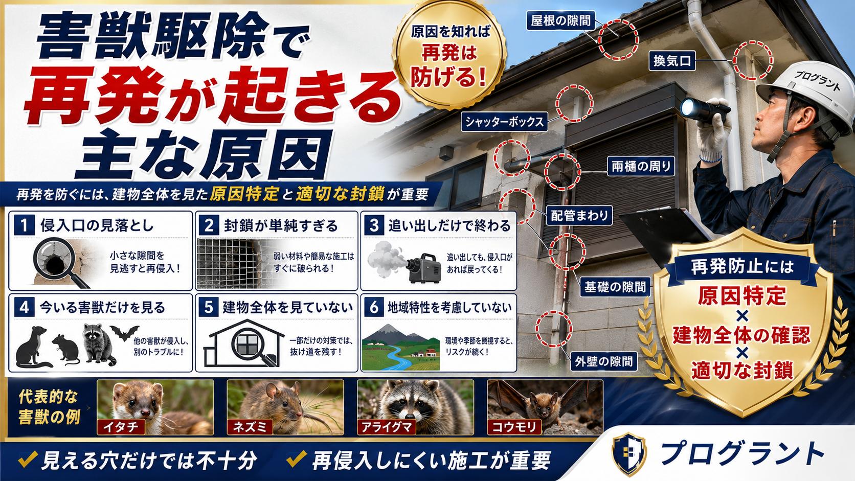 害獣駆除で再発が起きる原因として侵入口の見落とし・単純封鎖・追い出しだけの施工・建物全体の確認不足を解説した再発防止対策画像