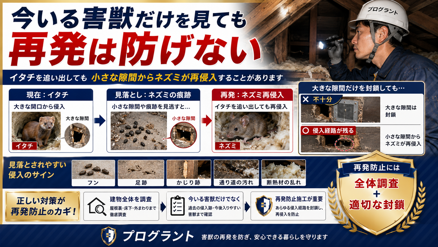 害獣駆除で今いる害獣だけを見る施工の危険性と、イタチ追い出し後のネズミ再侵入を防ぐための全体調査・適切な封鎖を解説した画像