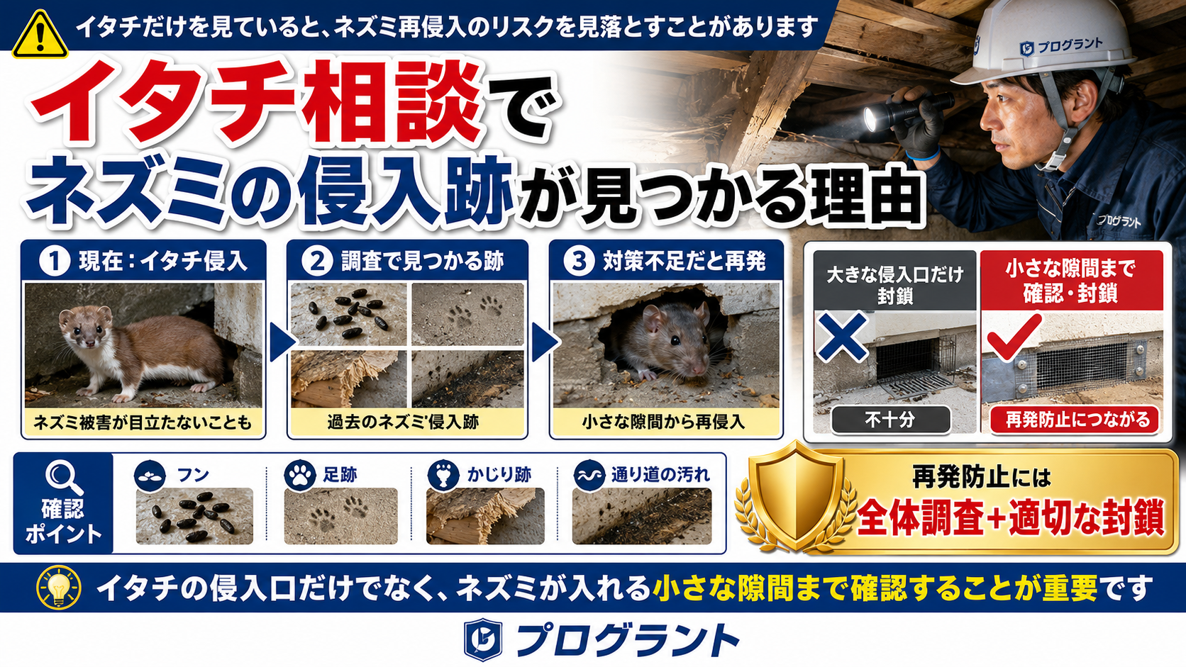 イタチ相談でネズミの侵入跡が見つかる理由と、小さな隙間まで確認して再侵入を防ぐ全体調査・適切な封鎖の重要性を解説した画像
