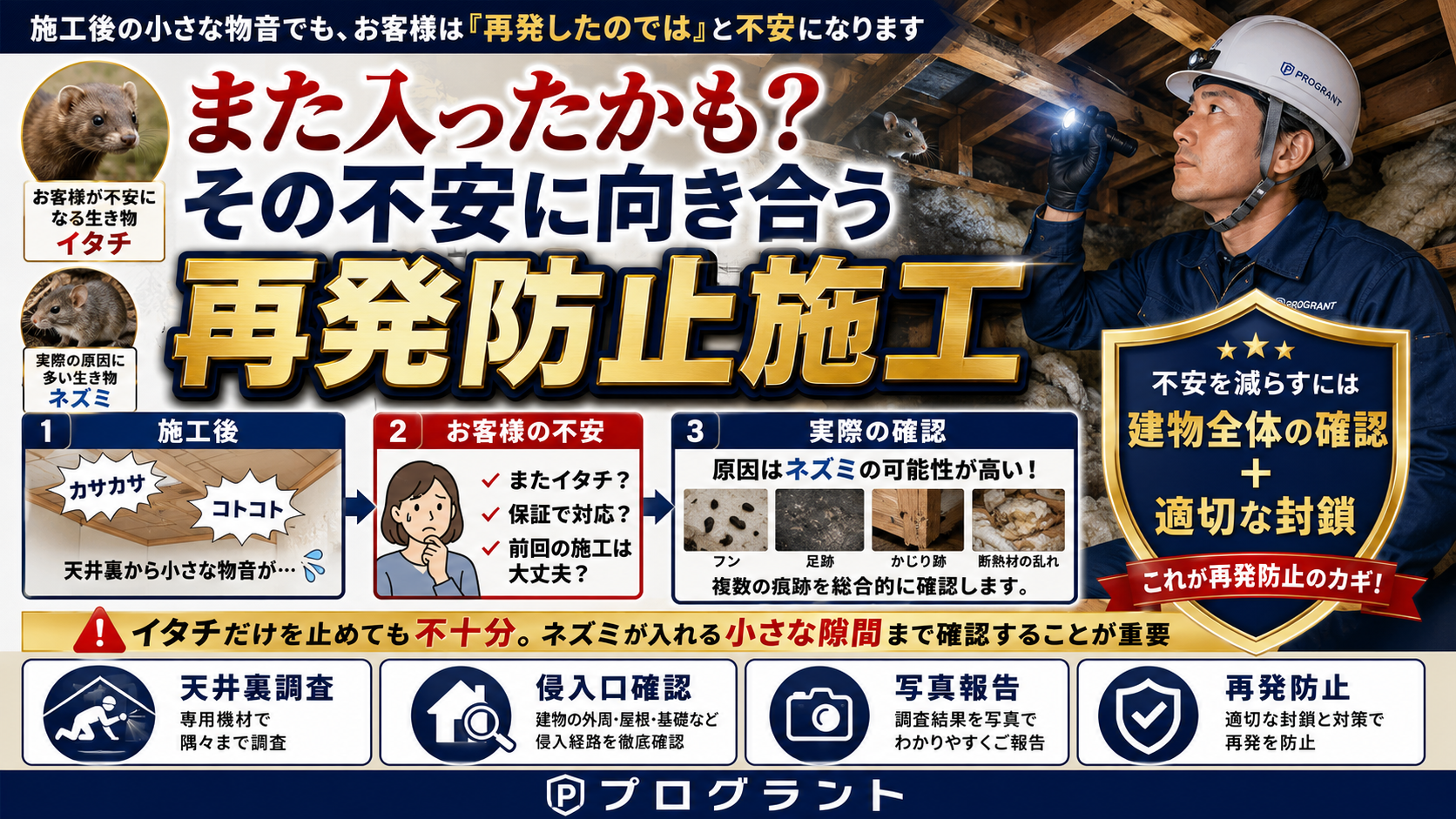 施工後にまた音がして不安になる原因を調査し、イタチだけでなくネズミの再侵入リスクまで確認して再発防止施工を行う重要性を解説した画像