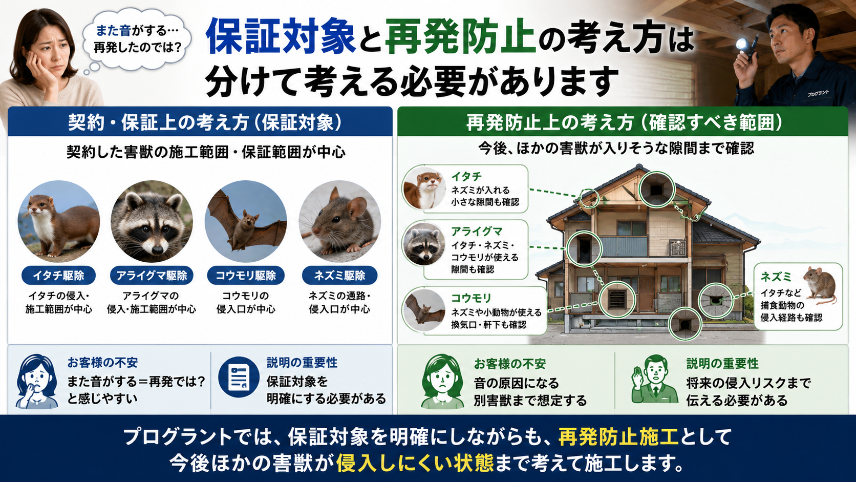 害獣駆除の保証対象と再発防止の違いを整理し、イタチ・アライグマ・コウモリ・ネズミの侵入リスクと建物全体確認の重要性を解説した画像
