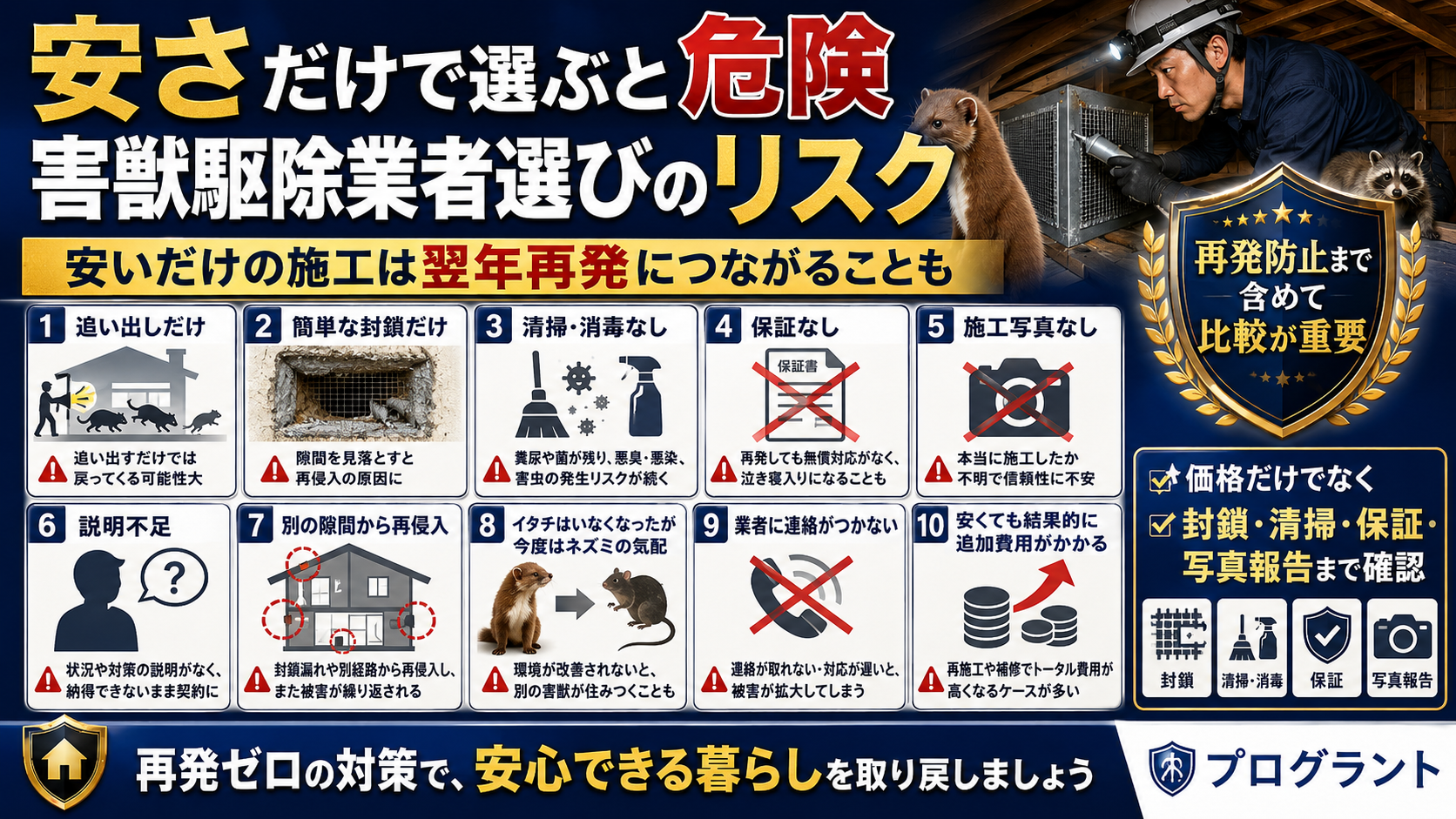 安さだけで害獣駆除業者を選ぶリスクと、追い出し・封鎖・清掃消毒・保証・写真報告まで比較すべき理由を解説した画像
