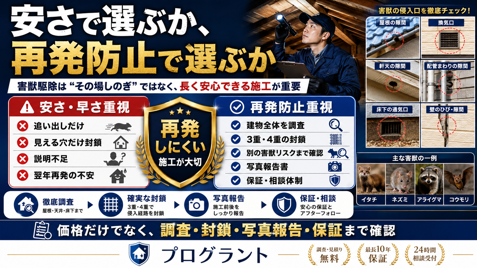 安さや早さだけで害獣駆除を選ぶリスクと、再発防止のために建物全体調査・3重4重封鎖・写真報告・保証まで確認する重要性を解説した画像