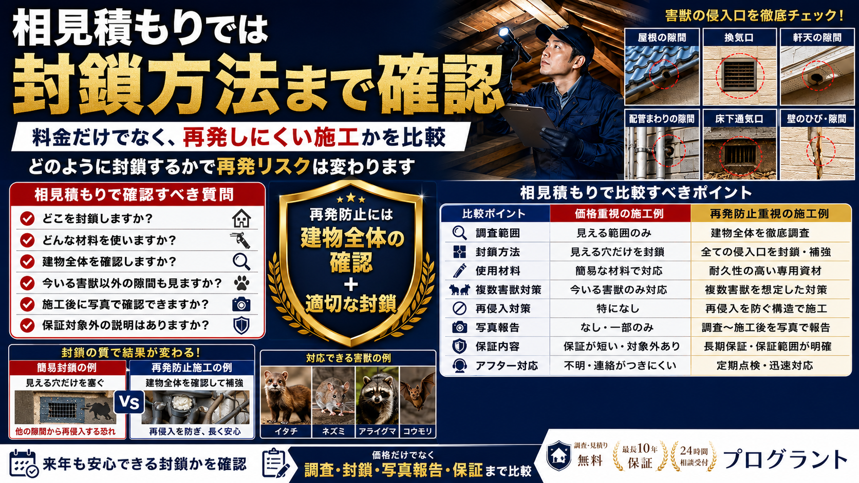 相見積もりで害獣駆除業者を比較する際に、料金だけでなく侵入口の封鎖方法・建物全体調査・写真報告・保証内容まで確認する重要性を解説した画像