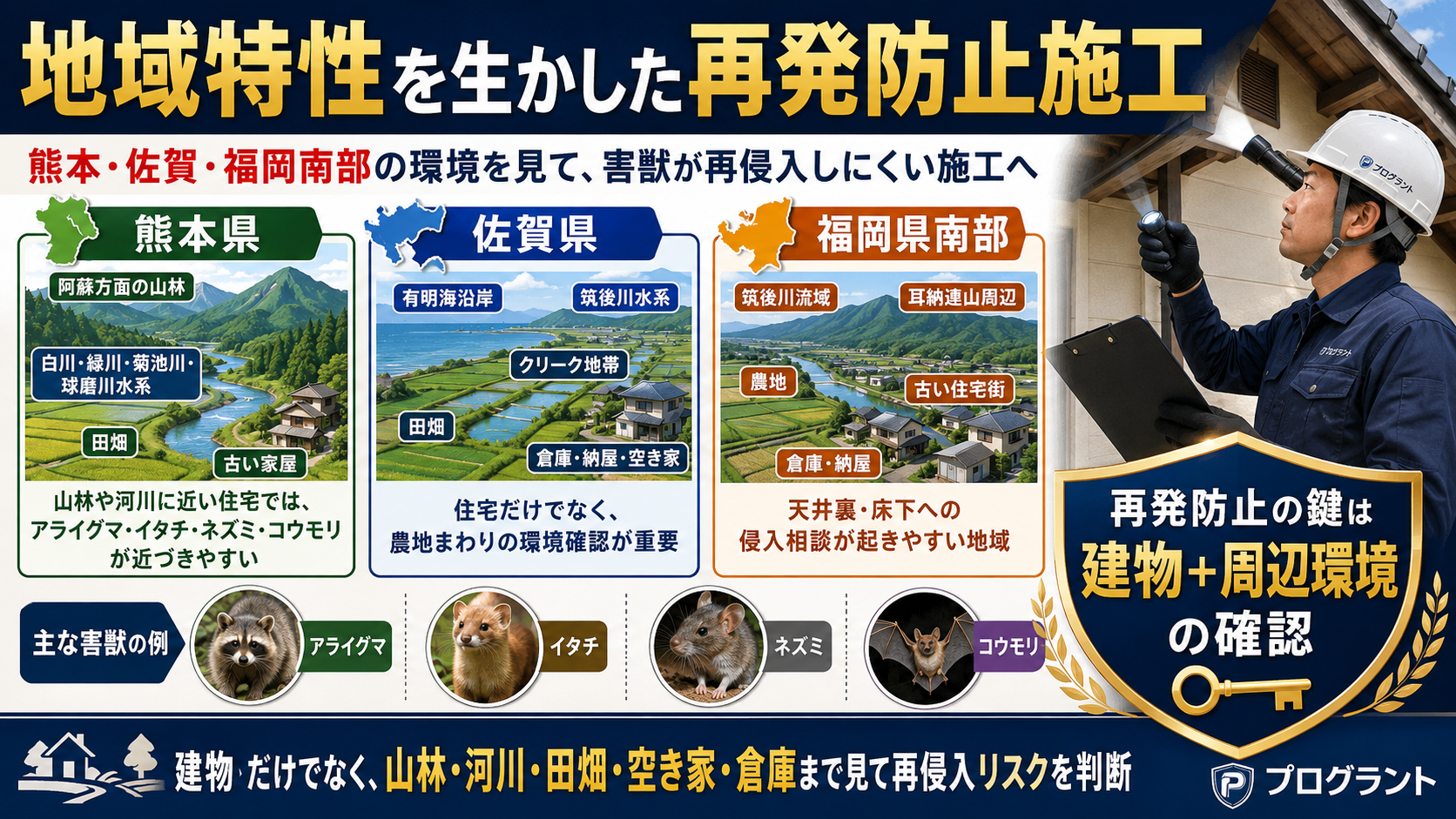 熊本・佐賀・福岡南部の山林・河川・田畑・空き家など地域特性を踏まえ、建物と周辺環境を確認して害獣の再侵入を防ぐ施工を解説した画像