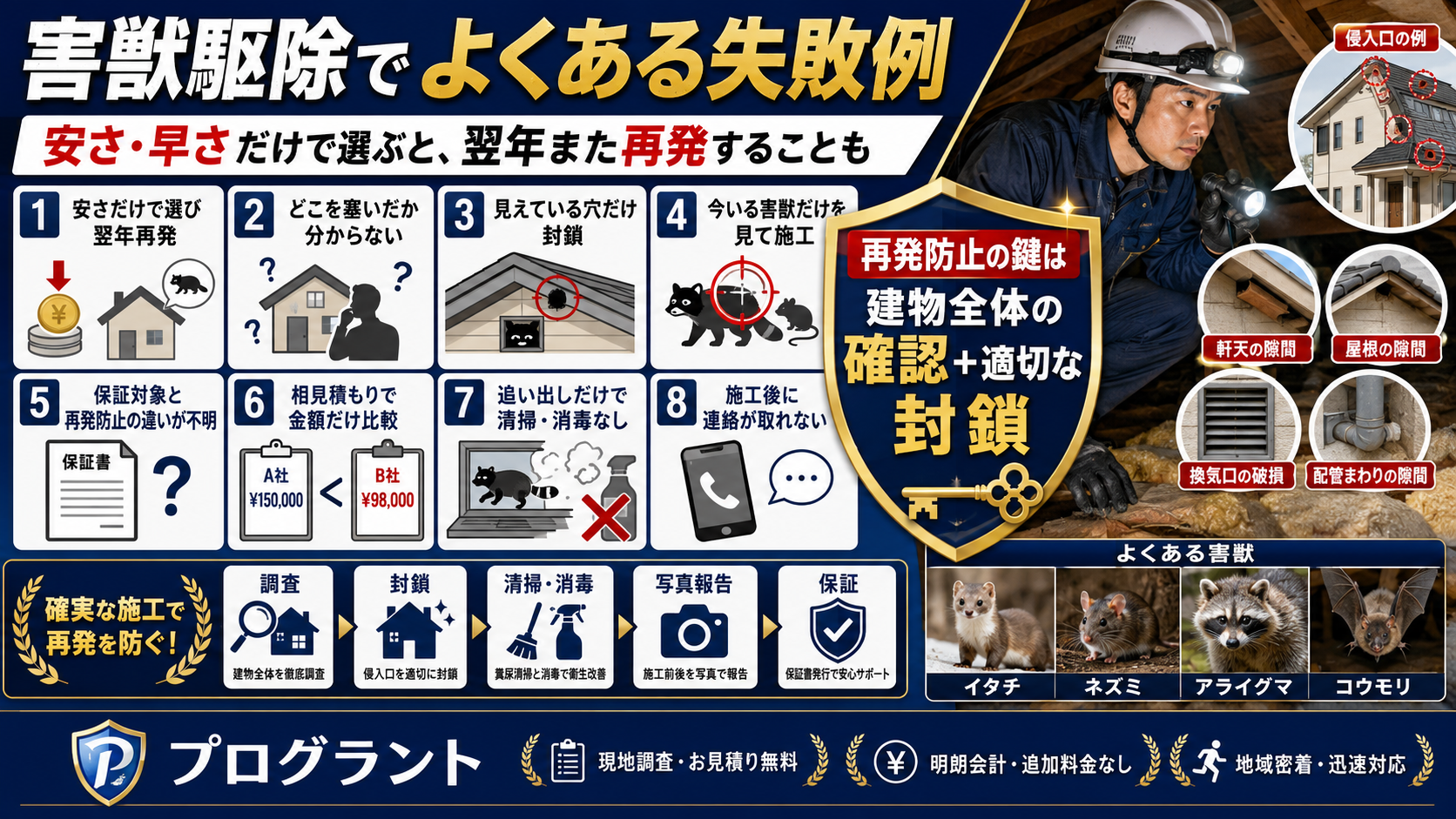 害獣駆除でよくある失敗例として、安さ重視・見える穴だけの封鎖・説明不足・清掃消毒不足・保証確認不足による再発リスクと、建物全体確認と適切な封鎖の重要性を解説した画像
