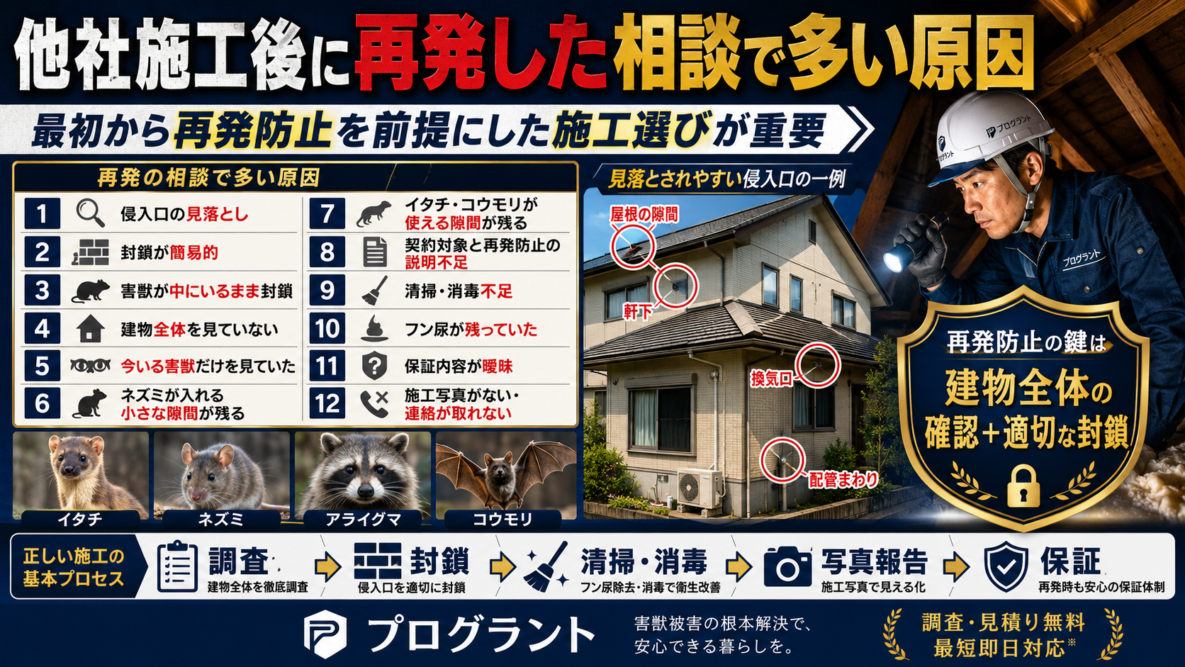 他社施工後に再発した相談で多い原因として、侵入口の見落とし・簡易封鎖・説明不足・清掃消毒不足・保証や連絡体制の不備と、建物全体確認と適切な封鎖の重要性を解説した画像