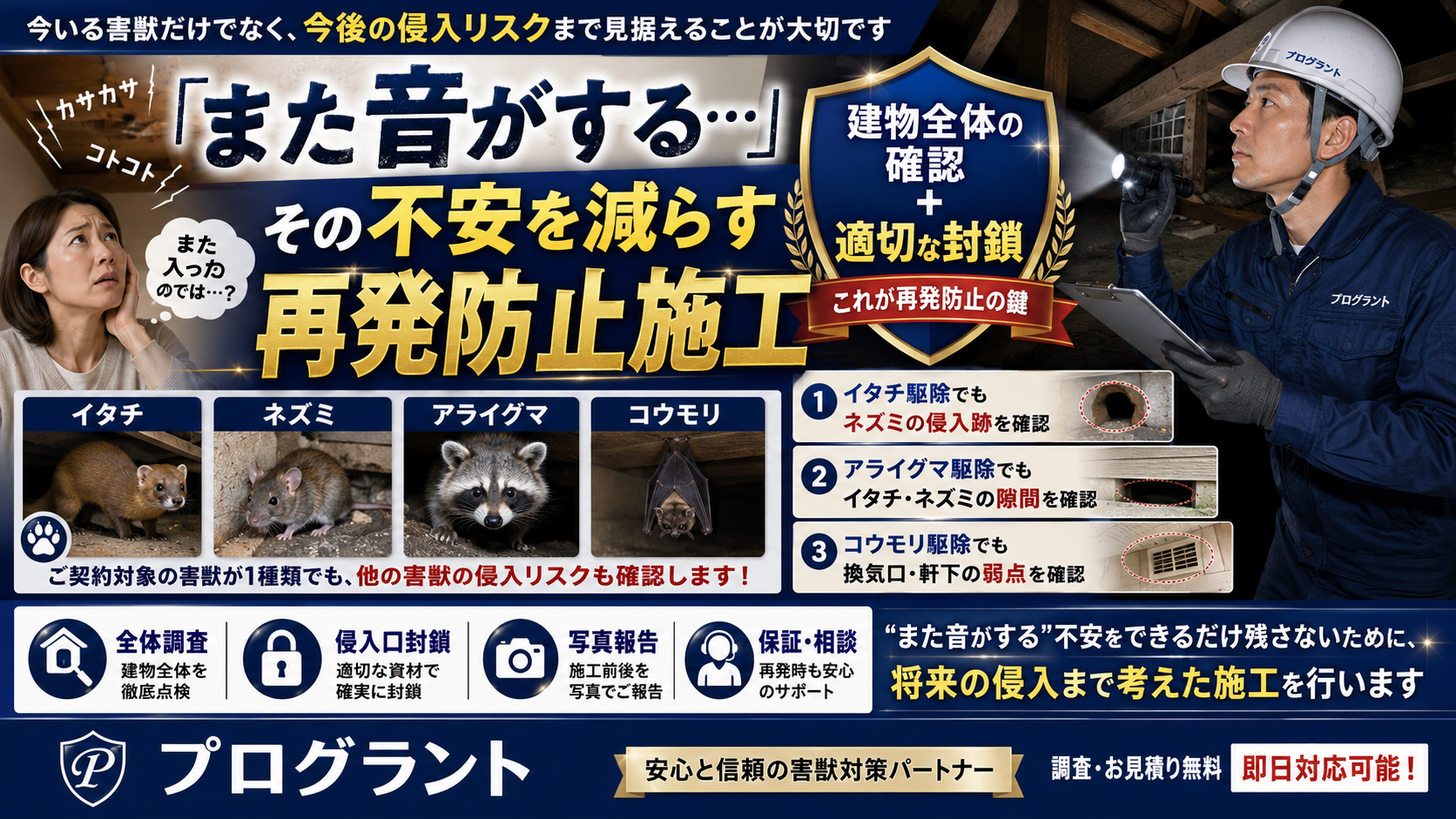 害獣駆除後にまた音がする不安を減らすため、イタチ・ネズミ・アライグマ・コウモリの将来侵入リスクまで見据えた再発防止施工を解説した画像