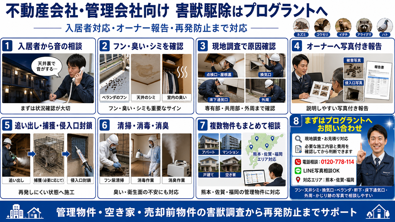 不動産会社・管理会社向けに、入居者対応から現地調査・写真付き報告・追い出し捕獲・侵入口封鎖・清掃消毒・複数物件相談・問い合わせまでの流れを8コマ漫画風で解説した画像