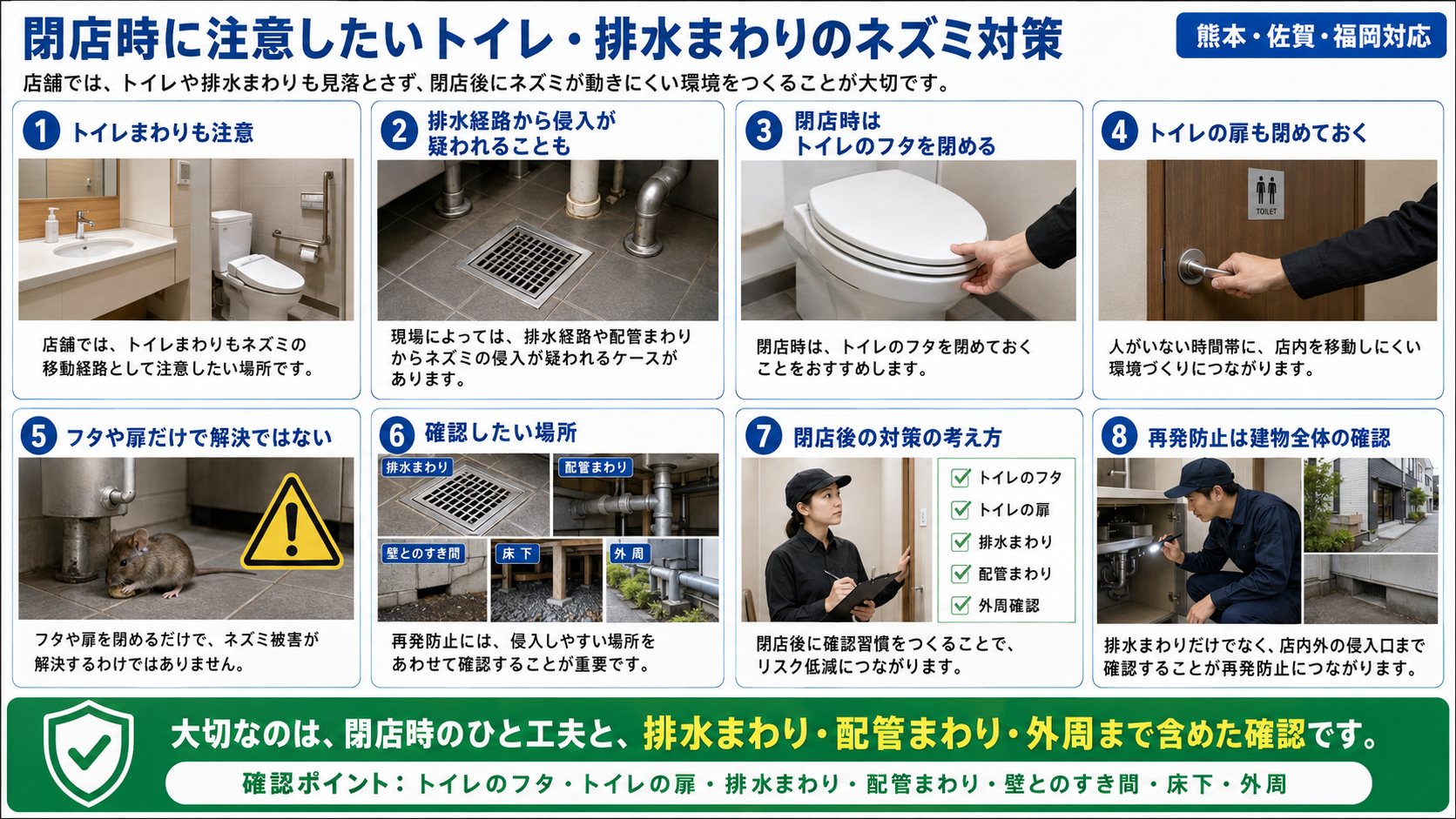 閉店時の店舗トイレ・排水まわりのネズミ対策として、トイレのフタや扉の管理、排水経路・配管まわり・床下・外周の侵入口確認を写真付きで解説した画像