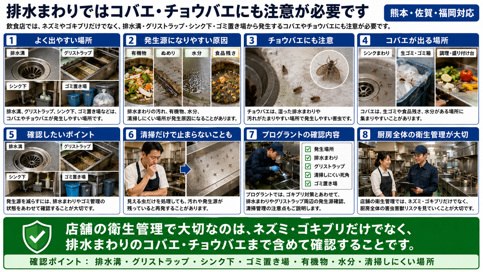 飲食店の排水まわりで発生しやすいコバエ・チョウバエの原因や、排水溝・グリストラップ・シンク下・ゴミ置き場の確認ポイントを写真付きで解説した画像