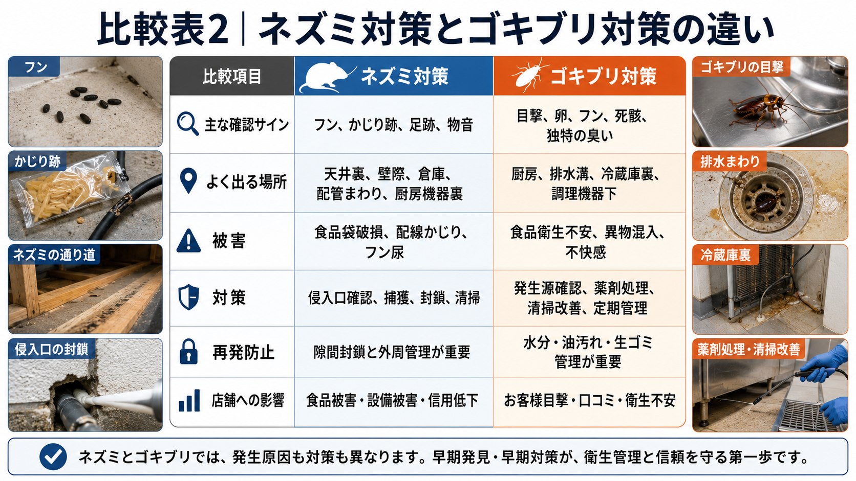 ネズミ対策とゴキブリ対策の違いを、確認サイン・発生場所・被害・再発防止まで比較した店舗衛生管理向け解説画像