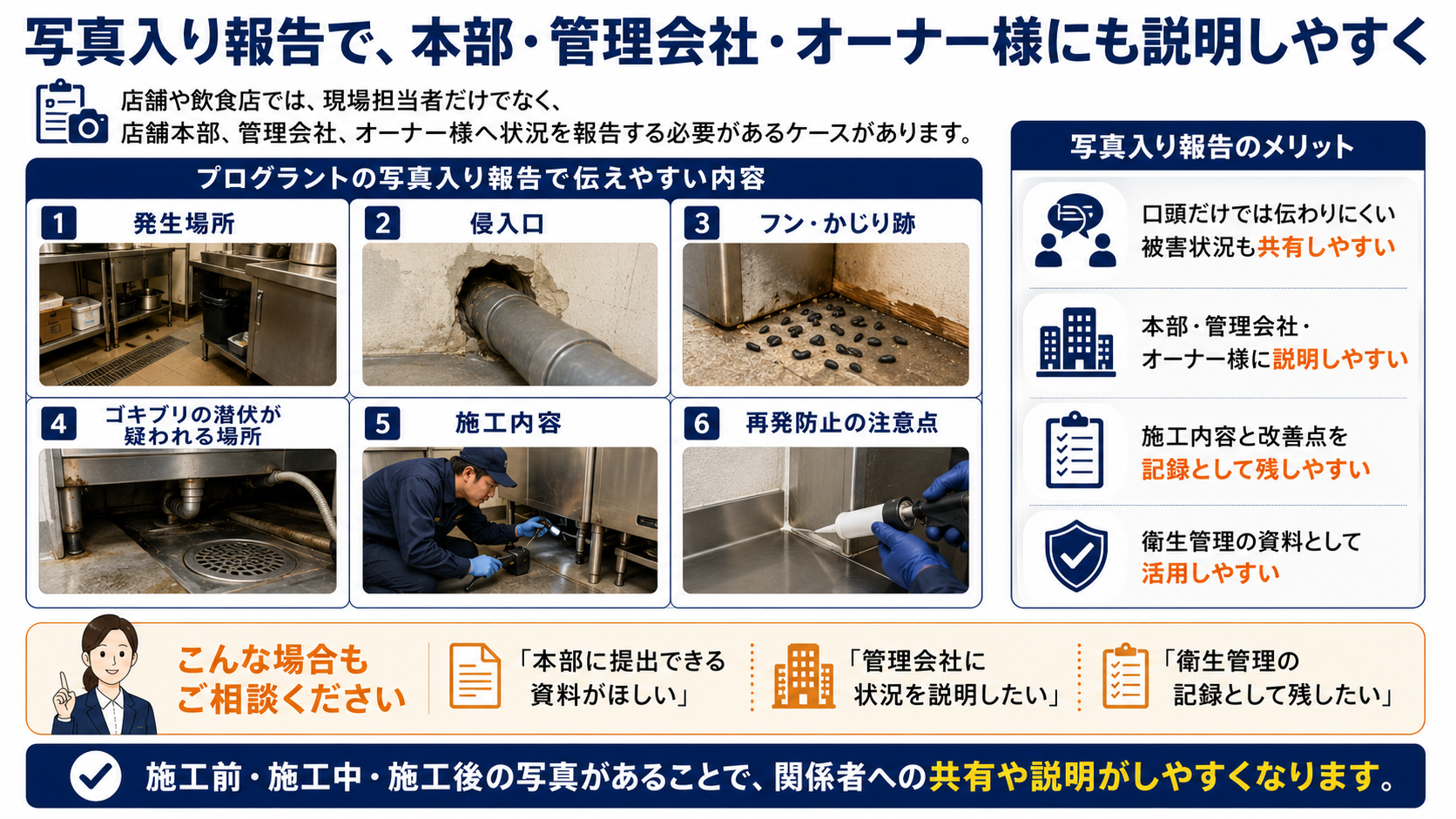 写真入り報告で店舗の害虫害獣被害を本部・管理会社・オーナーへ共有しやすくする流れを、発生場所・侵入口・フンやかじり跡・施工内容・再発防止の注意点とともに解説した画像