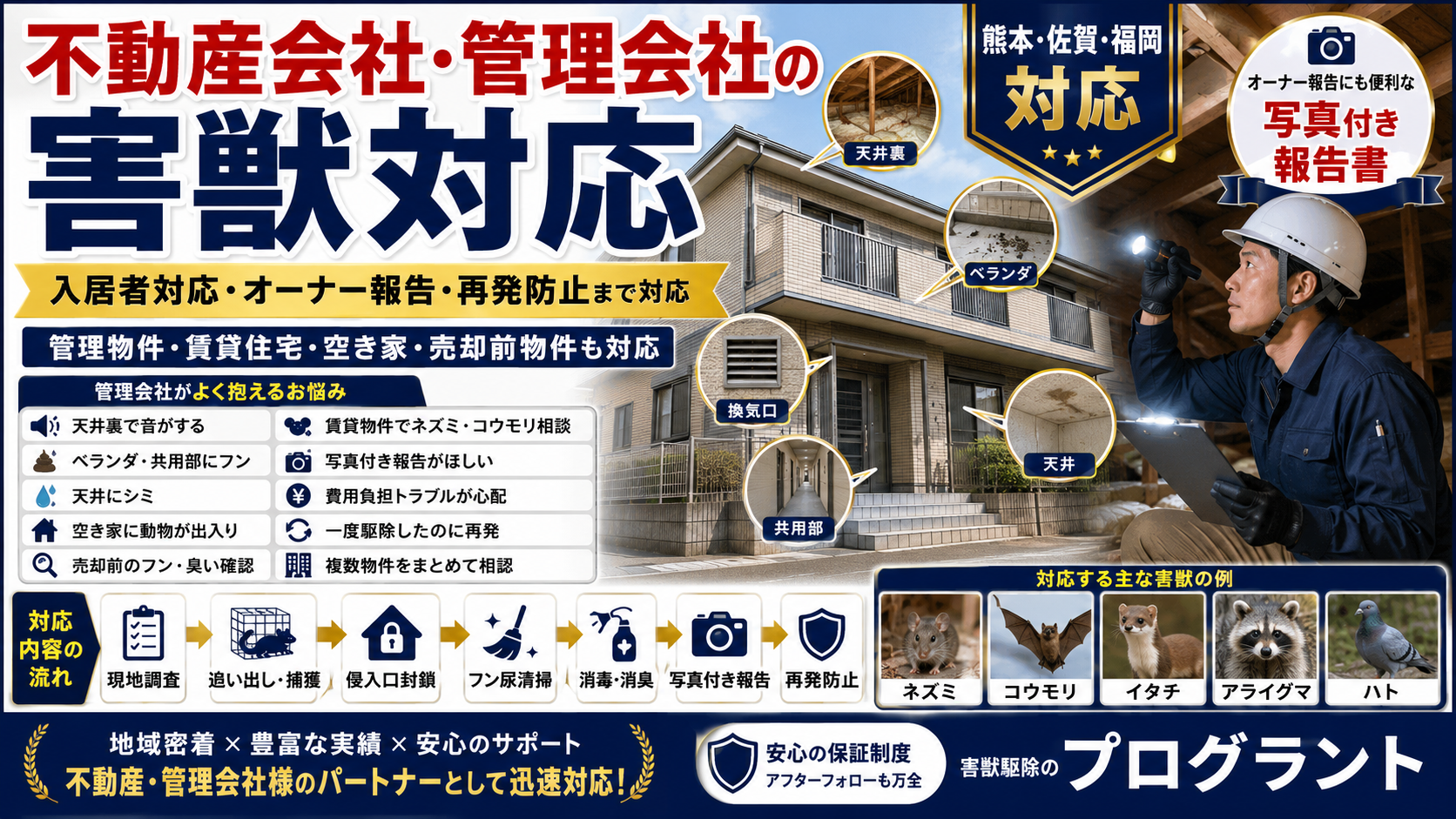 不動産会社・管理会社向けに、管理物件の害獣調査・追い出し捕獲・侵入口封鎖・フン尿清掃・消毒消臭・写真付き報告書・再発防止まで対応するプログラントの案内画像