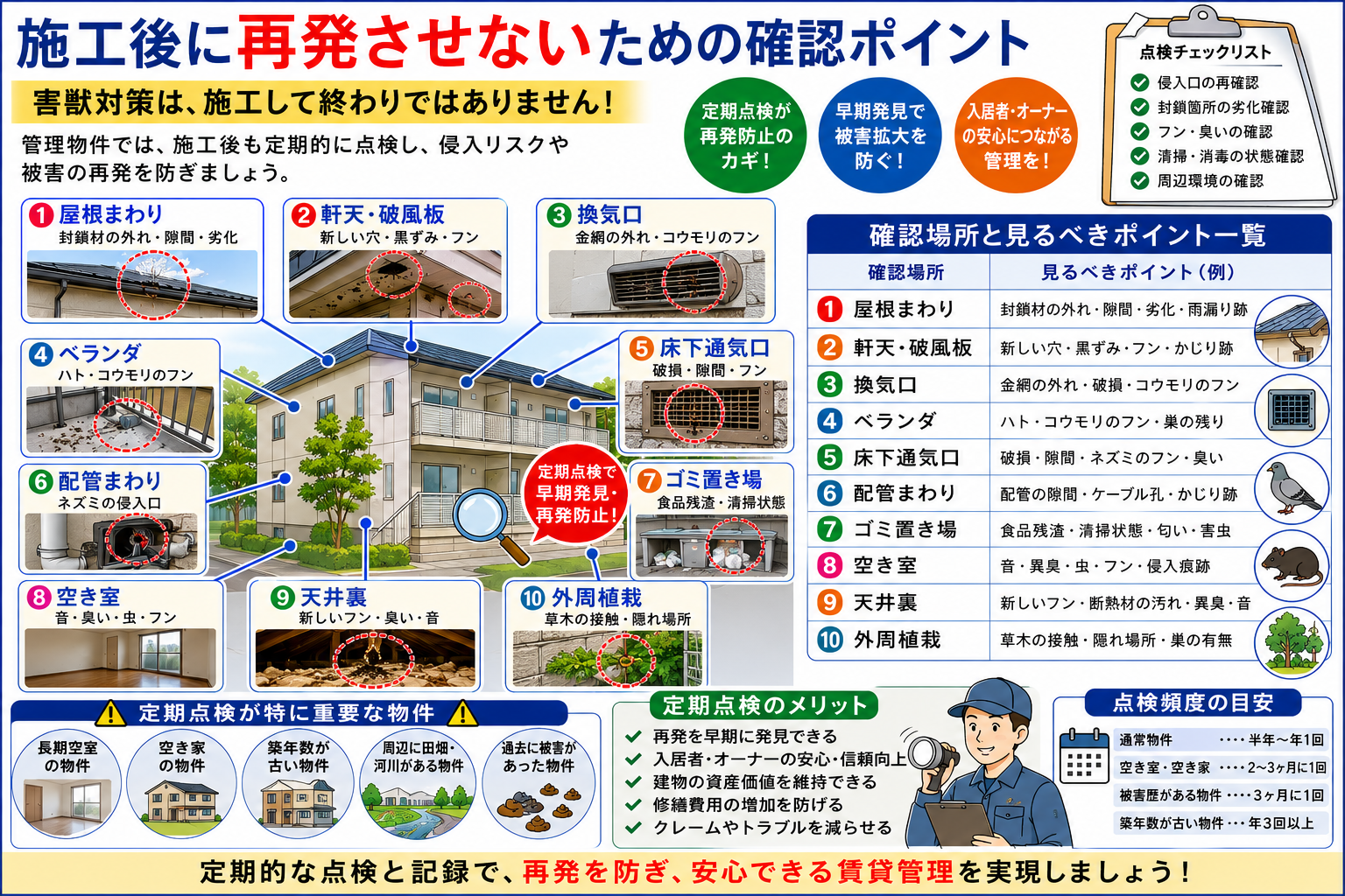管理物件の施工後に害獣を再発させないため、屋根まわり・軒天・換気口・ベランダ・床下通気口・配管まわり・天井裏・外周植栽の定期点検ポイントを解説した画像