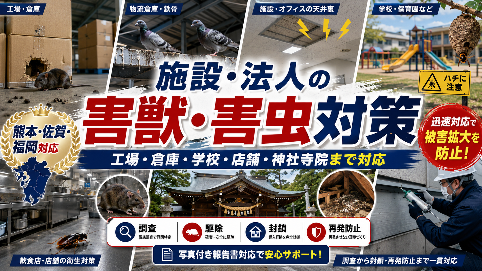 熊本・佐賀・福岡の工場・倉庫・学校・店舗・神社寺院向け害獣・害虫対策を案内するサムネイル画像