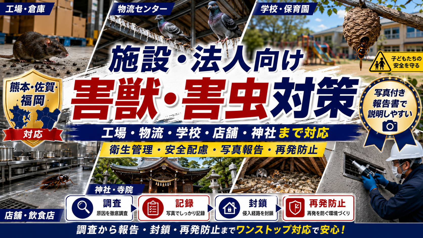 熊本・佐賀・福岡の工場・物流センター・学校・店舗・神社向け害獣・害虫対策を案内するサムネイル画像