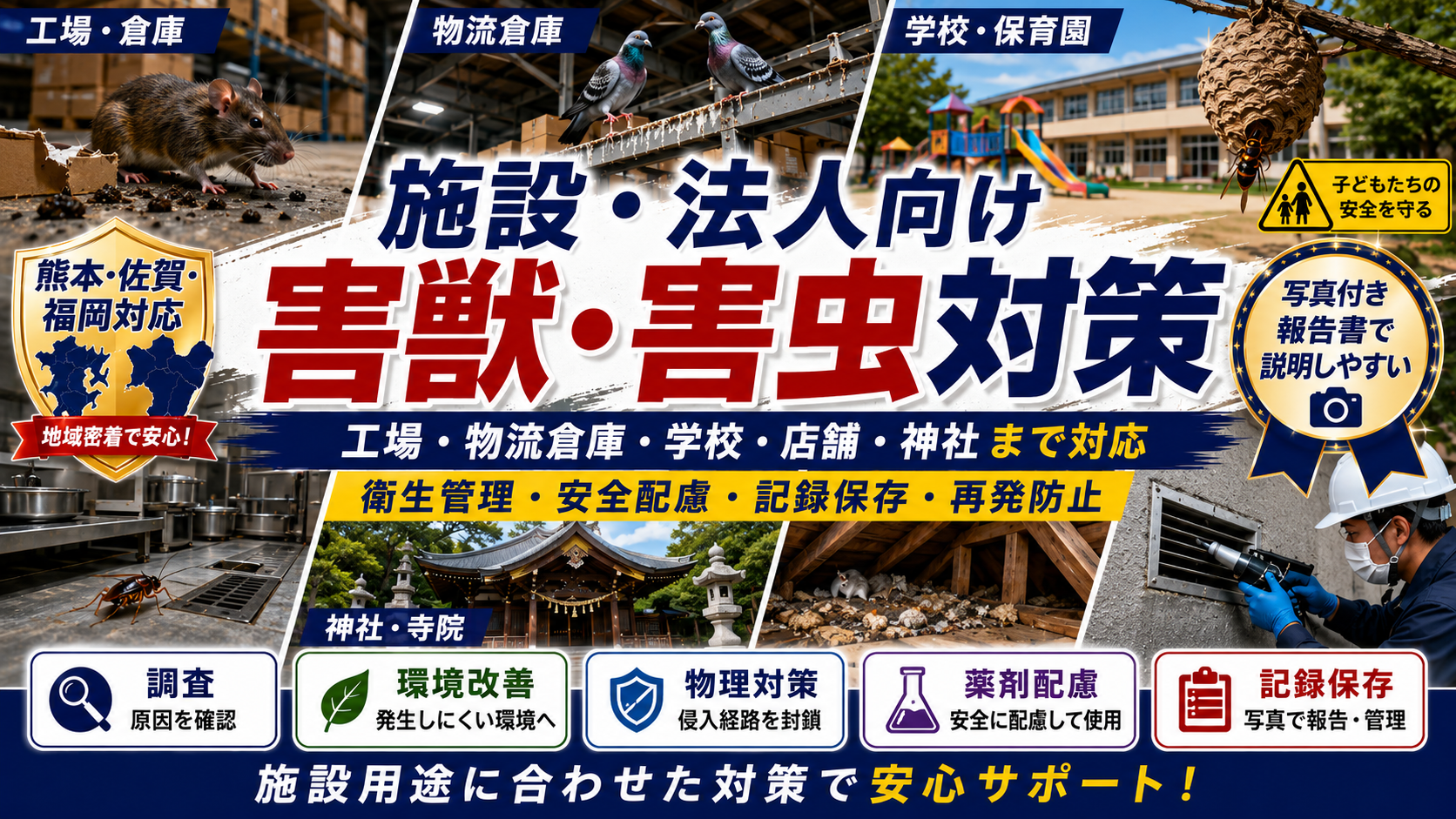 熊本・佐賀・福岡の施設・法人向け害獣害虫対策を案内し、工場・物流倉庫・学校・店舗・神社の調査・環境改善・防除を示すサムネイル画像