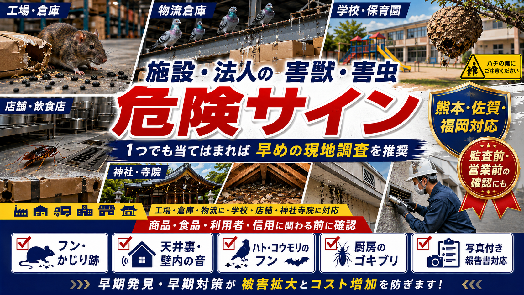 熊本・佐賀・福岡の施設・法人向け害獣害虫対策で、フン・かじり跡・天井裏の音・ハトやコウモリのフンなど危険サインを確認するサムネイル画像