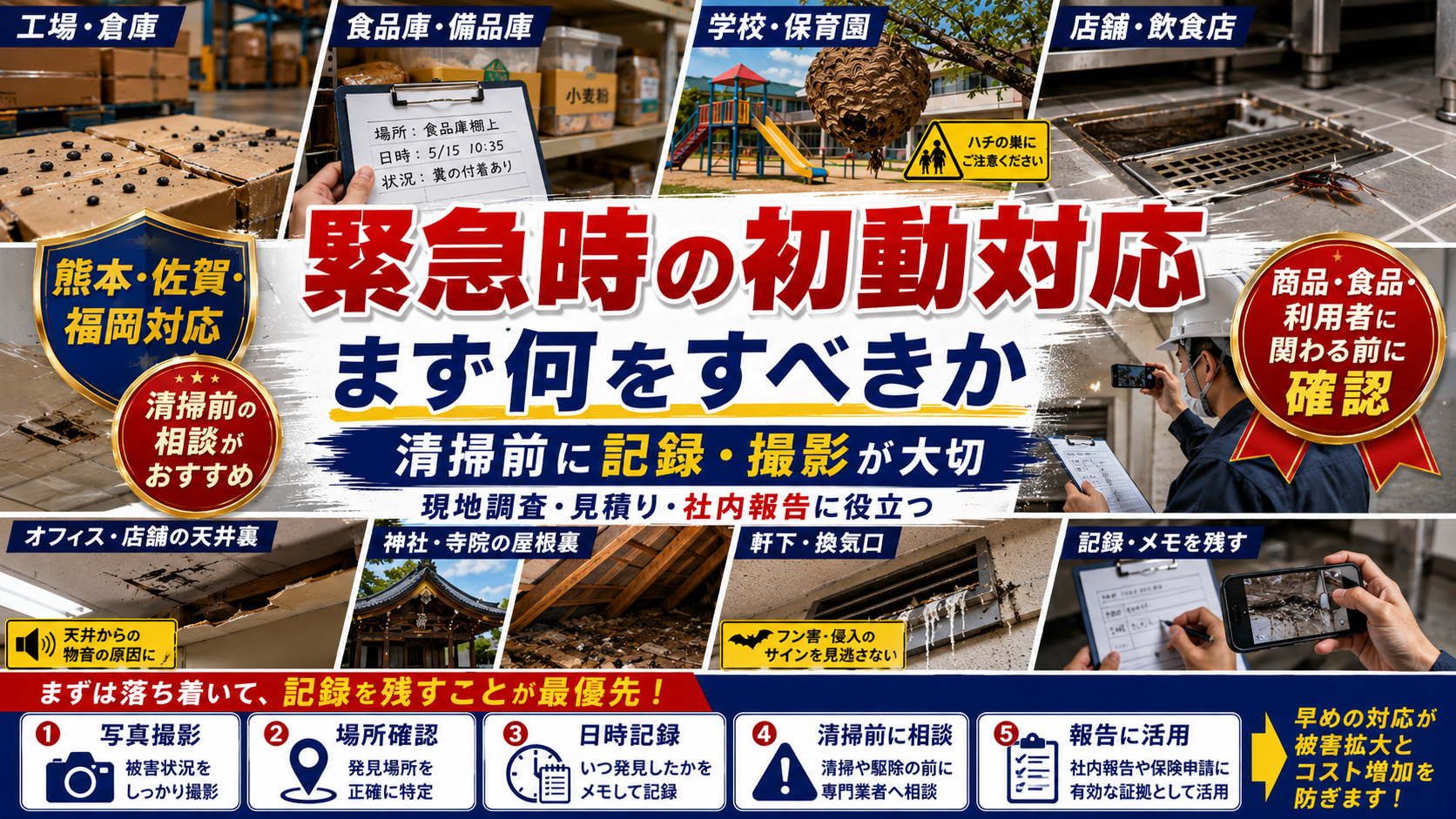 熊本・佐賀・福岡の施設・法人向け害獣害虫被害で、清掃前の写真記録と緊急時の初動対応を案内するサムネイル画像