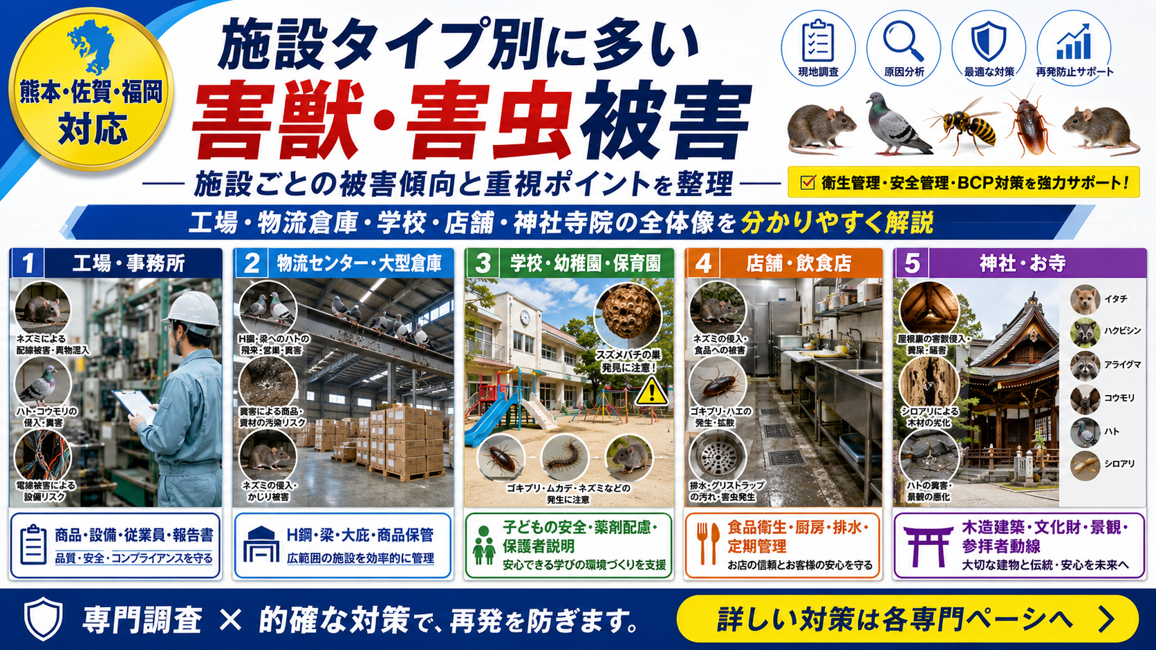 熊本・佐賀・福岡の工場・物流倉庫・学校・店舗・神社寺院で多い害獣害虫被害と重視ポイントを施設タイプ別に解説するサムネイル画像
