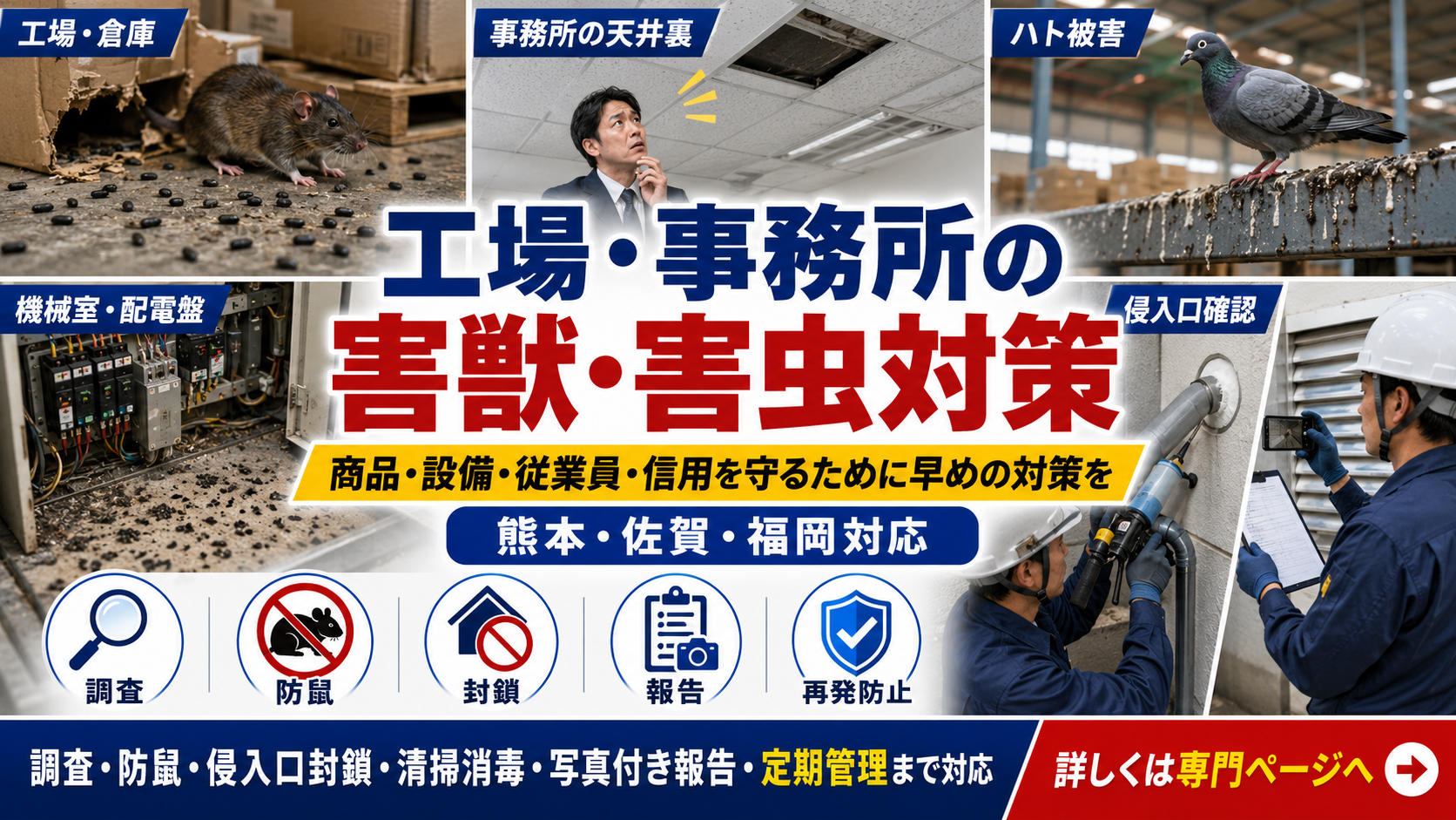 熊本・佐賀・福岡の工場・事務所向け害獣害虫対策として、ネズミのフン・商品被害・配電盤まわり・ハト被害・侵入口調査を案内するサムネイル画像