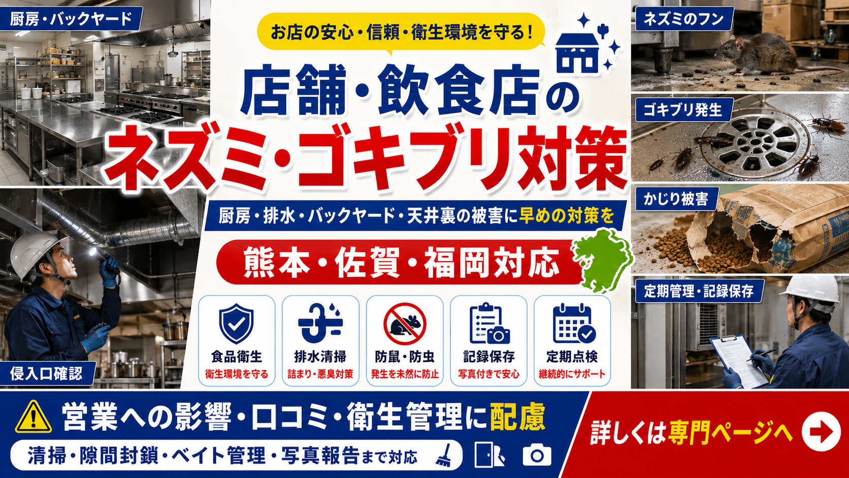 熊本・佐賀・福岡の店舗・飲食店向けネズミ・ゴキブリ対策を、厨房・排水・バックヤード・防鼠・定期管理の観点で案内する画像