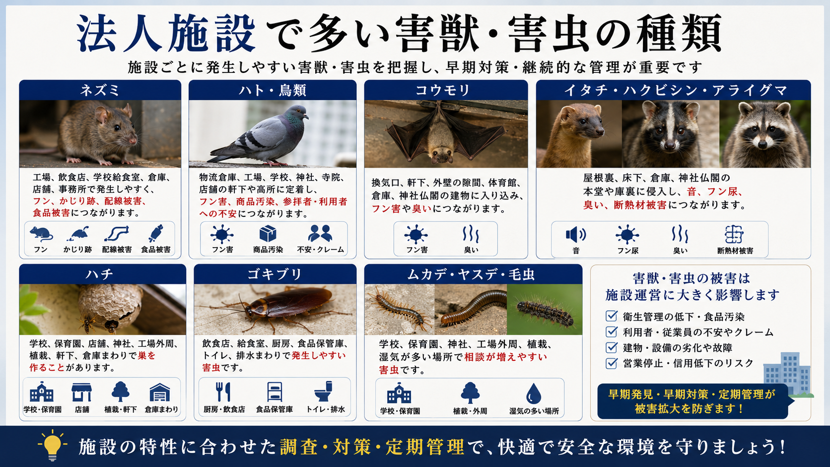 工場・飲食店・学校・倉庫など法人施設で多いネズミ・ハト・コウモリ・ハチ・ゴキブリなどの害獣害虫被害を解説する画像