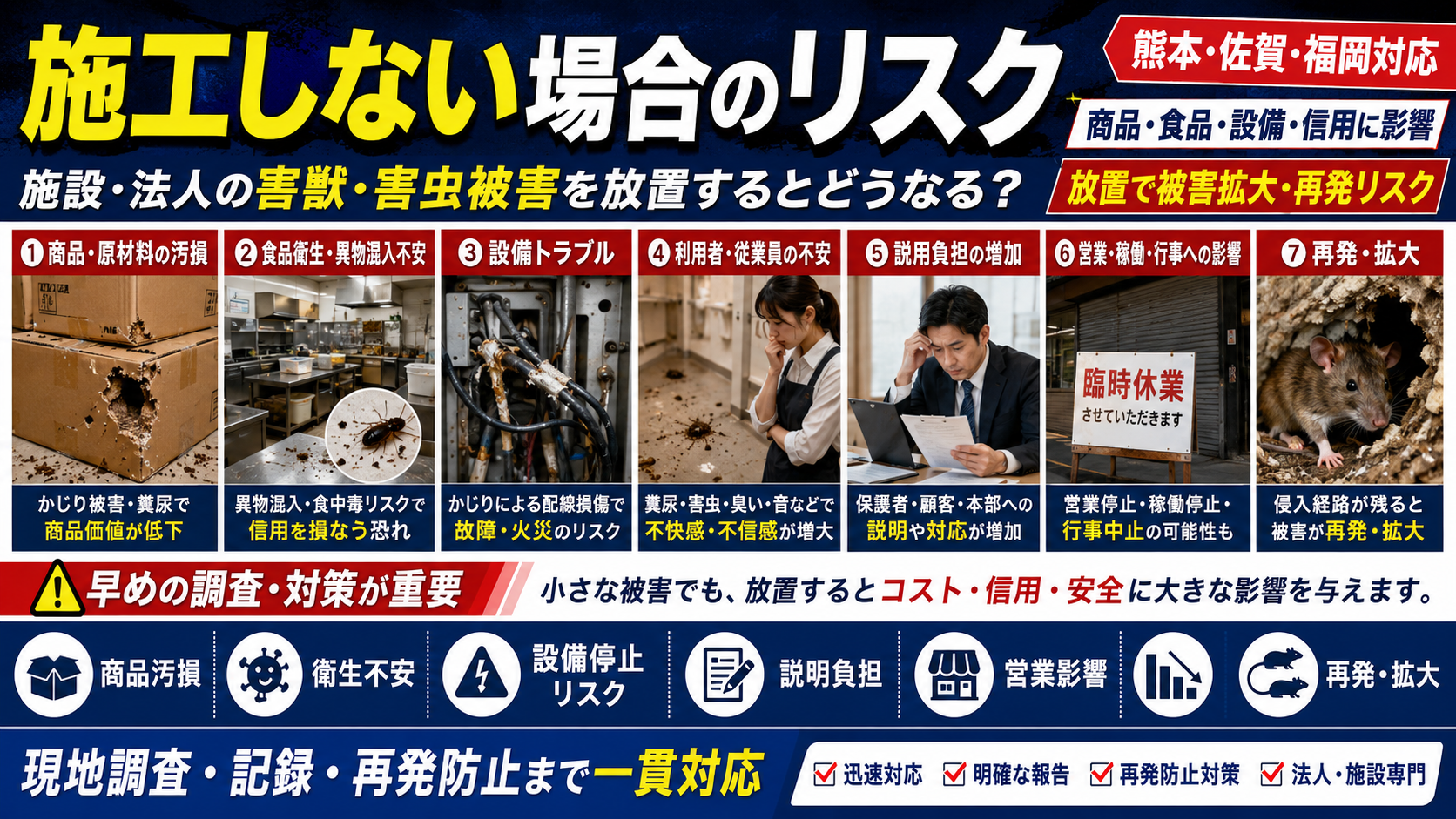 施設法人の害獣害虫被害を放置した場合の商品汚損・衛生不安・設備トラブル・説明負担・営業影響・再発拡大リスクを解説する画像
