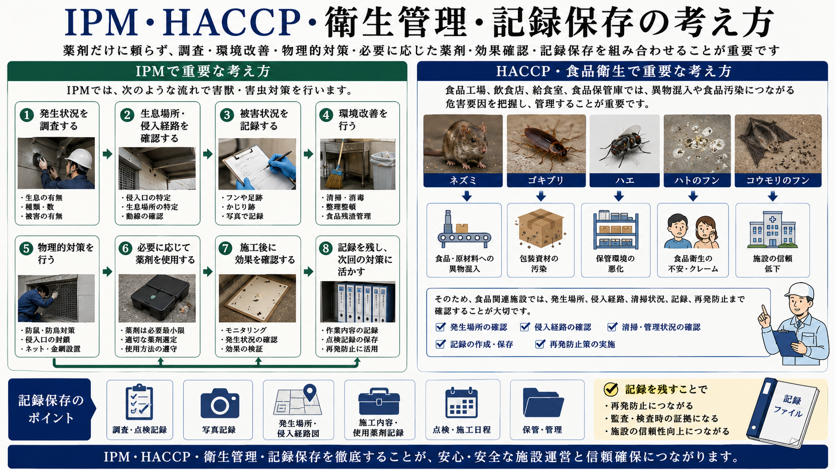 法人施設向けのIPM・HACCP・衛生管理・記録保存の考え方を、調査・環境改善・物理的対策・効果確認まで解説する画像